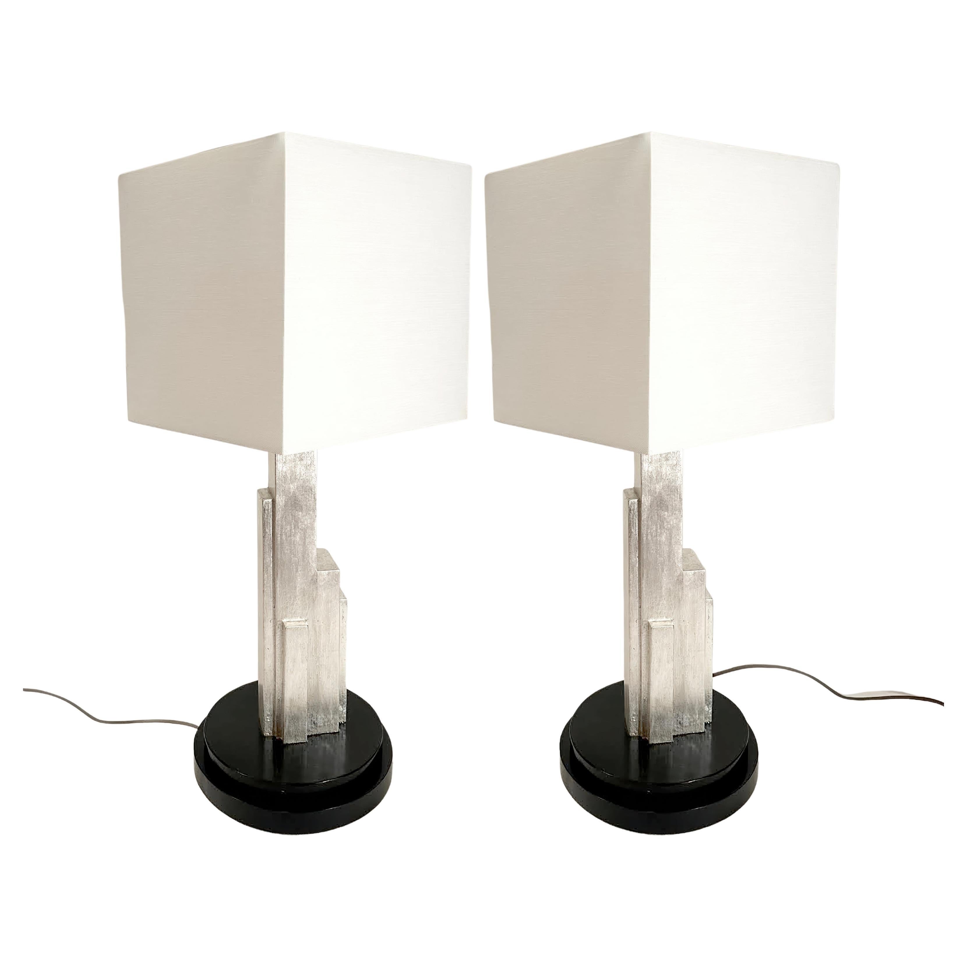 Pair of Art Deco Style Silver Skyscraper Lamps in the Manner of Donald Deskey For Sale