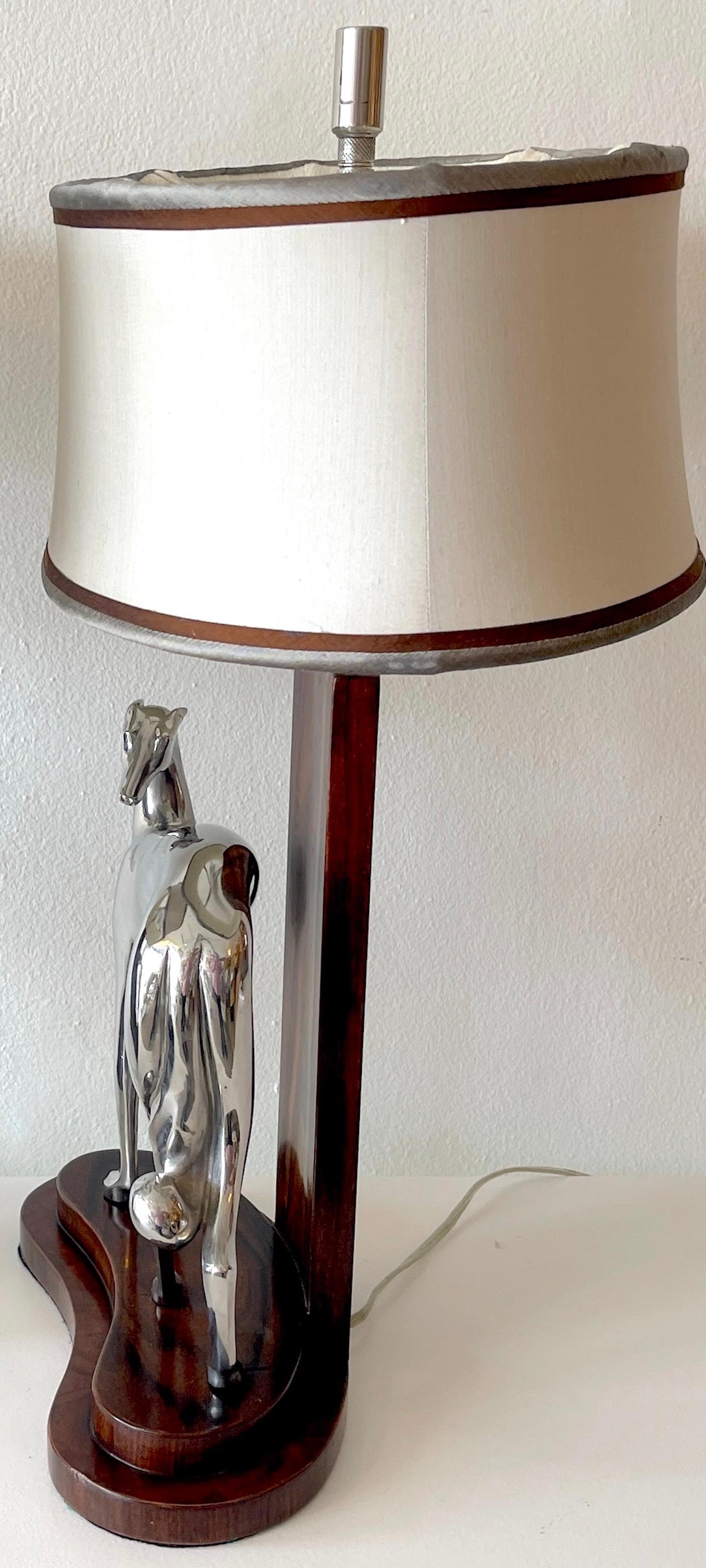 French Pair of Art Deco Style Silverplated Bronze Whippet Lamps with Custom Shades