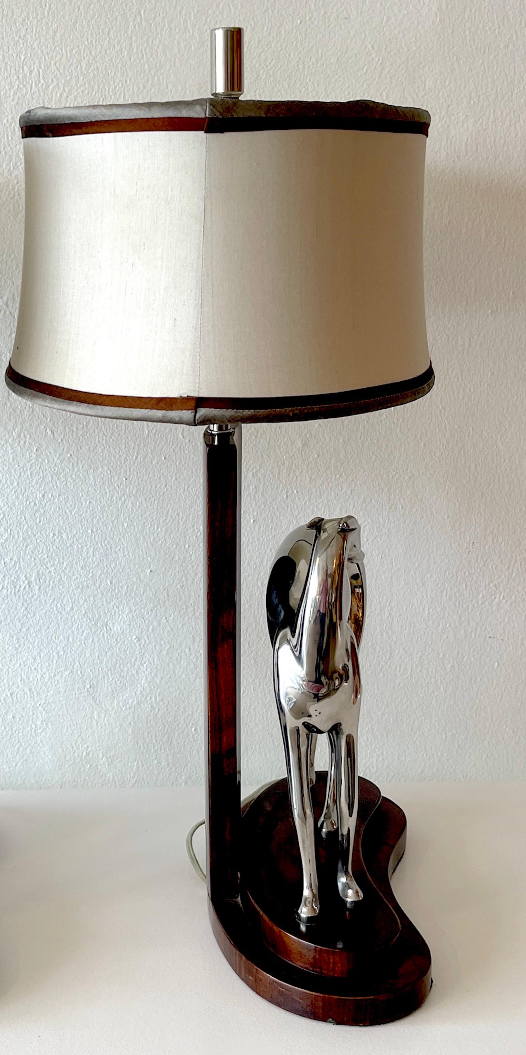 Pair of Art Deco Style Silverplated Bronze Whippet Lamps with Custom Shades In Good Condition In West Palm Beach, FL