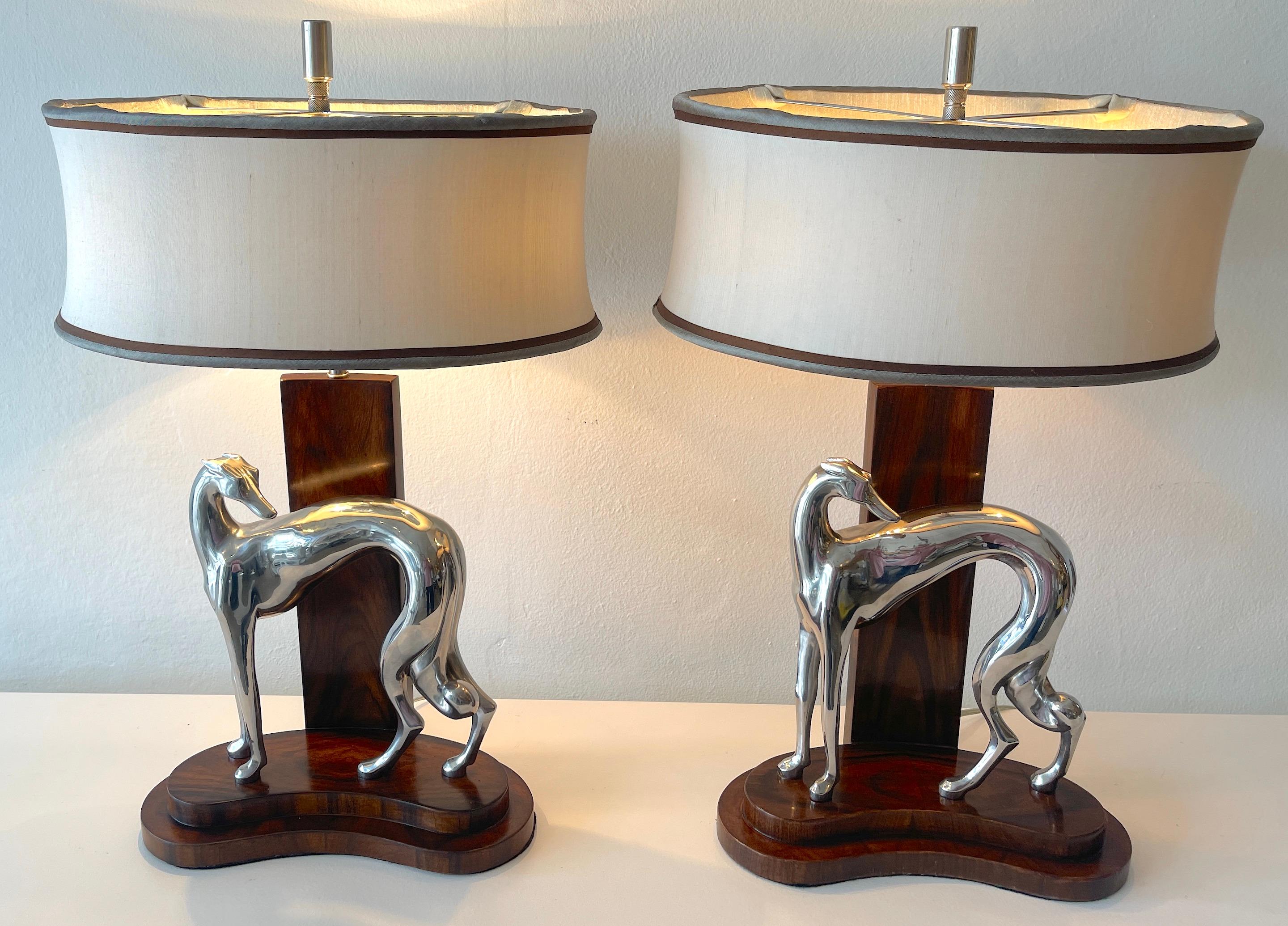 20th Century Pair of Art Deco Style Silverplated Bronze Whippet Lamps with Custom Shades