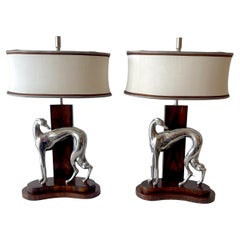 Pair of Art Deco Style Silverplated Bronze Whippet Lamps with Custom Shades