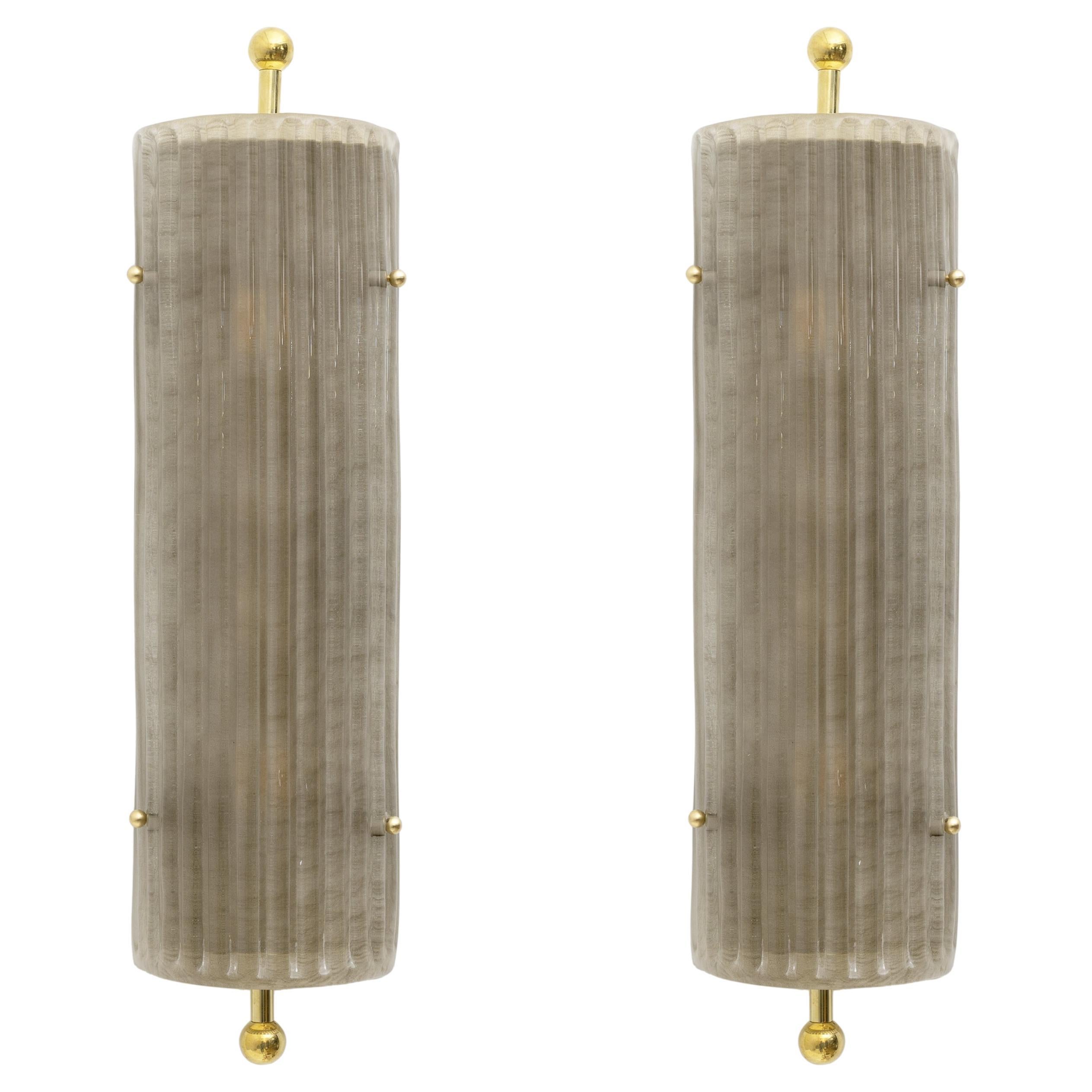 Pair of Art Deco Style Smoked Murano Glass and Brass Sconces For Sale