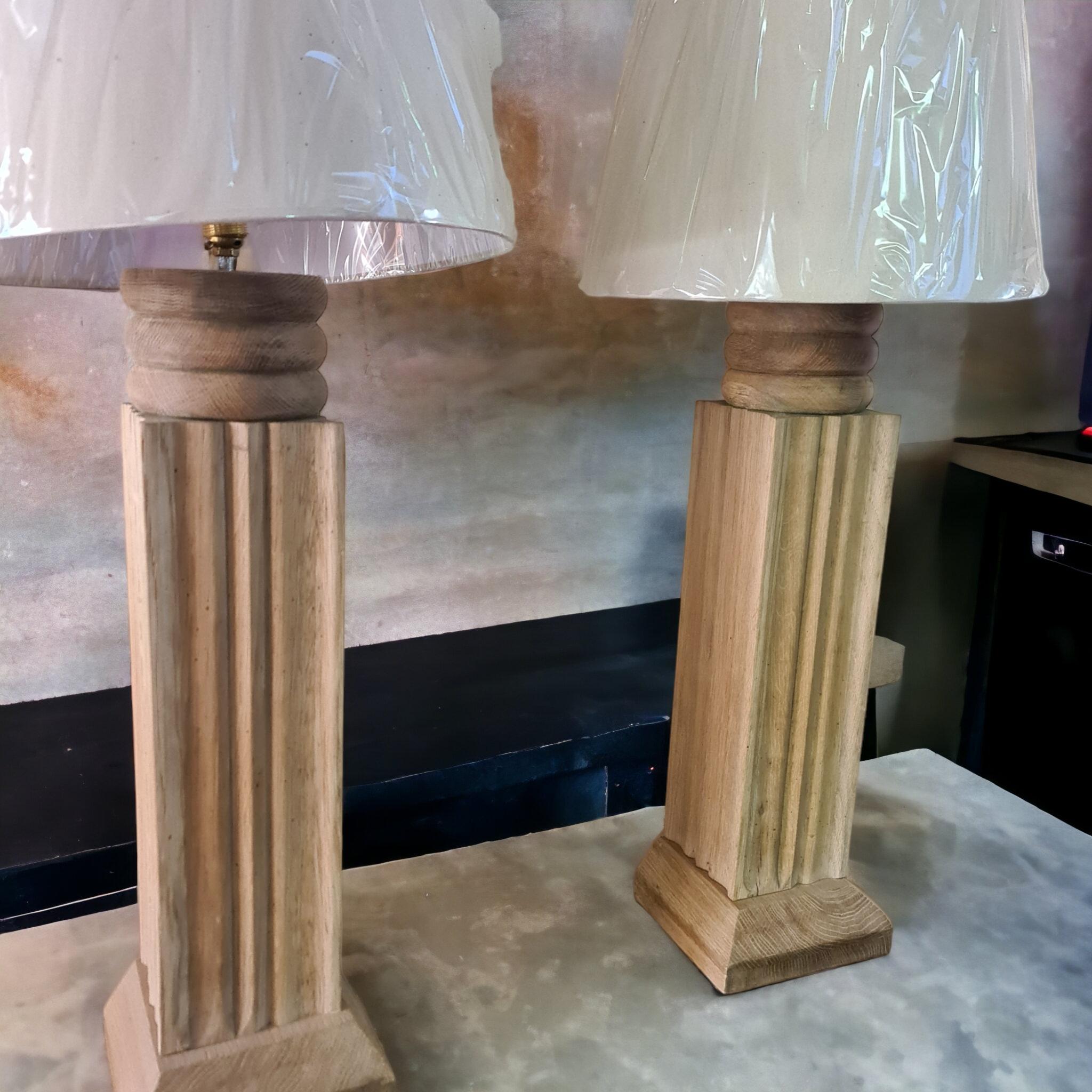French Pair of Art Deco Style Solid Oak Lamps Circa 1940 For Sale