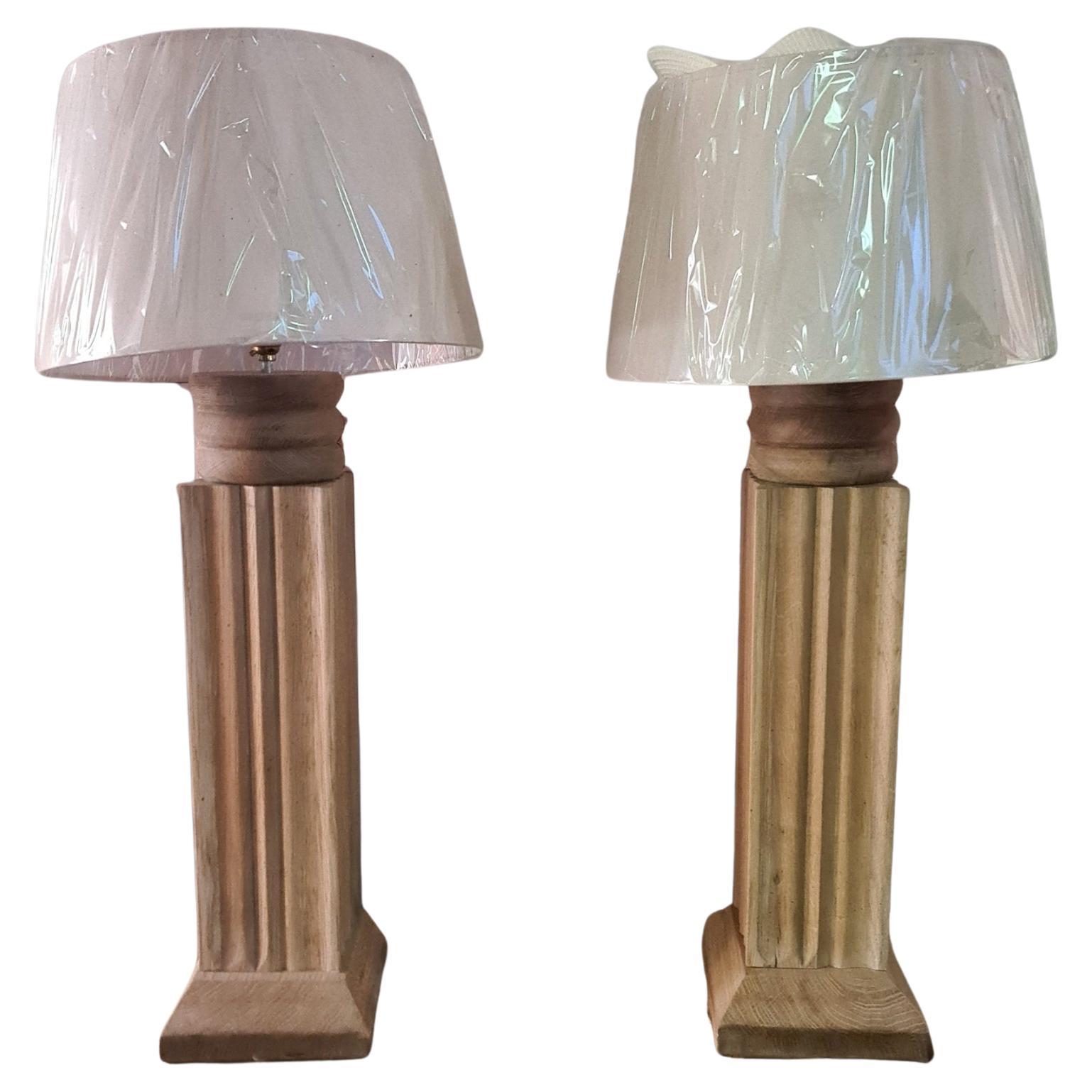 Pair of Art Deco Style Solid Oak Lamps Circa 1940 For Sale