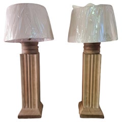 Pair of Art Deco Style Solid Oak Lamps Circa 1940