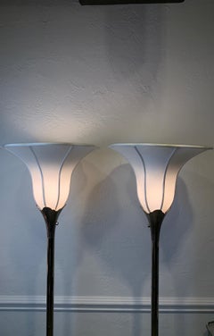 Pair of Art Deco Style Stiffel Nickel Plated Tulip / Lily Torchiere Floor Lamps