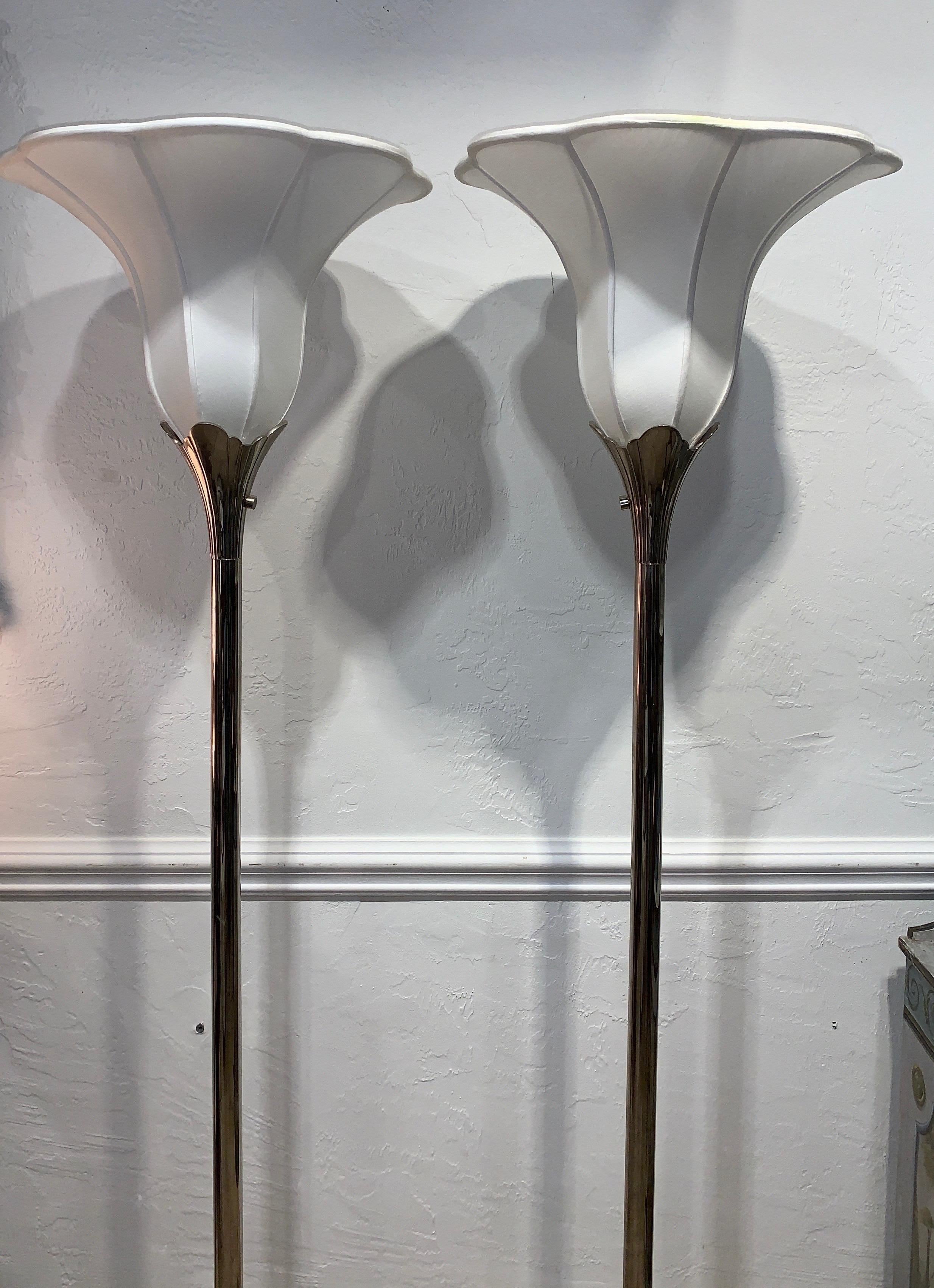 Pair of Art Deco Style Stiffel Nickel Plated Tulip / Lily Torchiere Floor Lamps In Good Condition In Ft. Lauderdale, FL