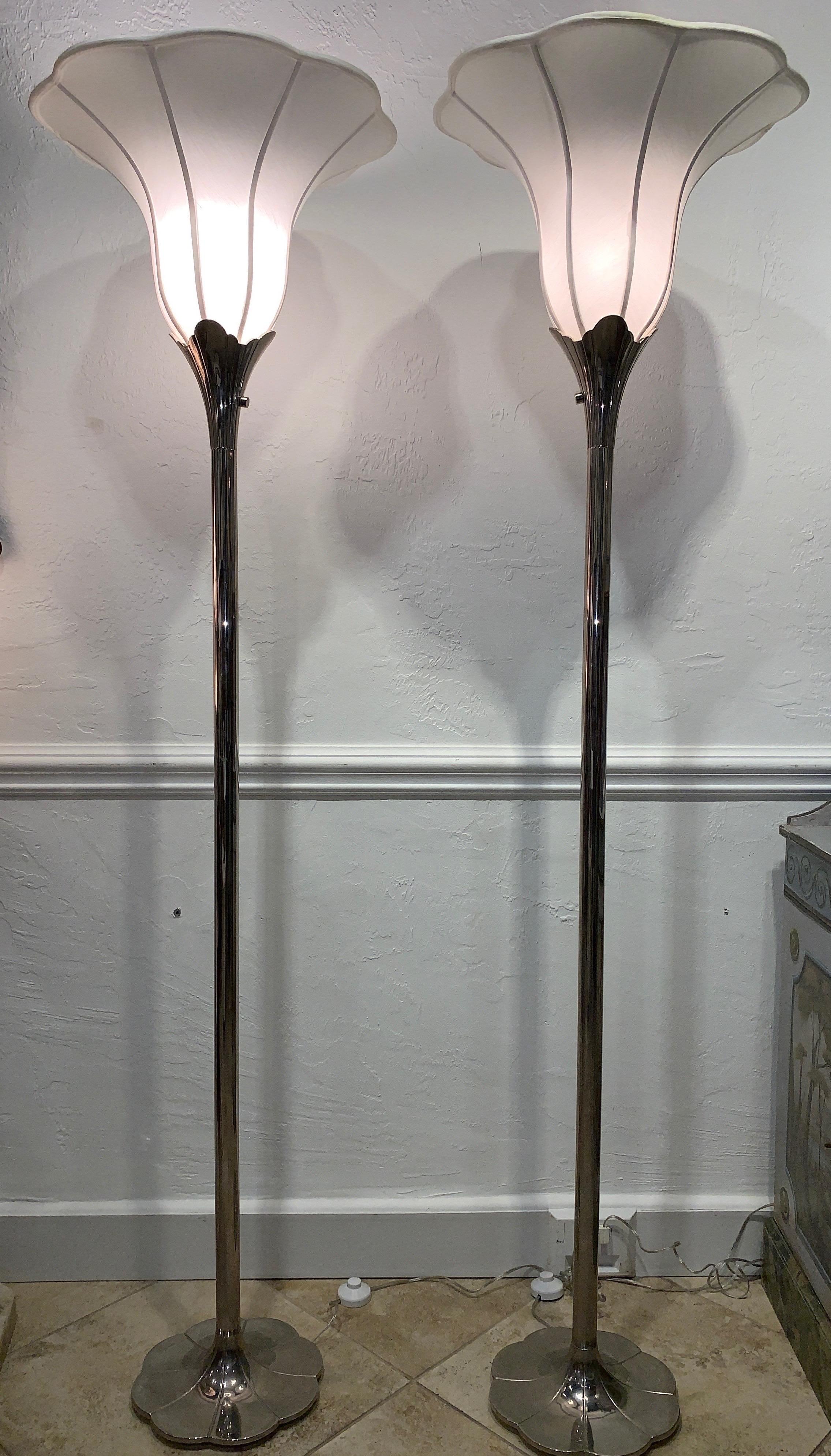 20th Century Pair of Art Deco Style Stiffel Nickel Plated Tulip / Lily Torchiere Floor Lamps