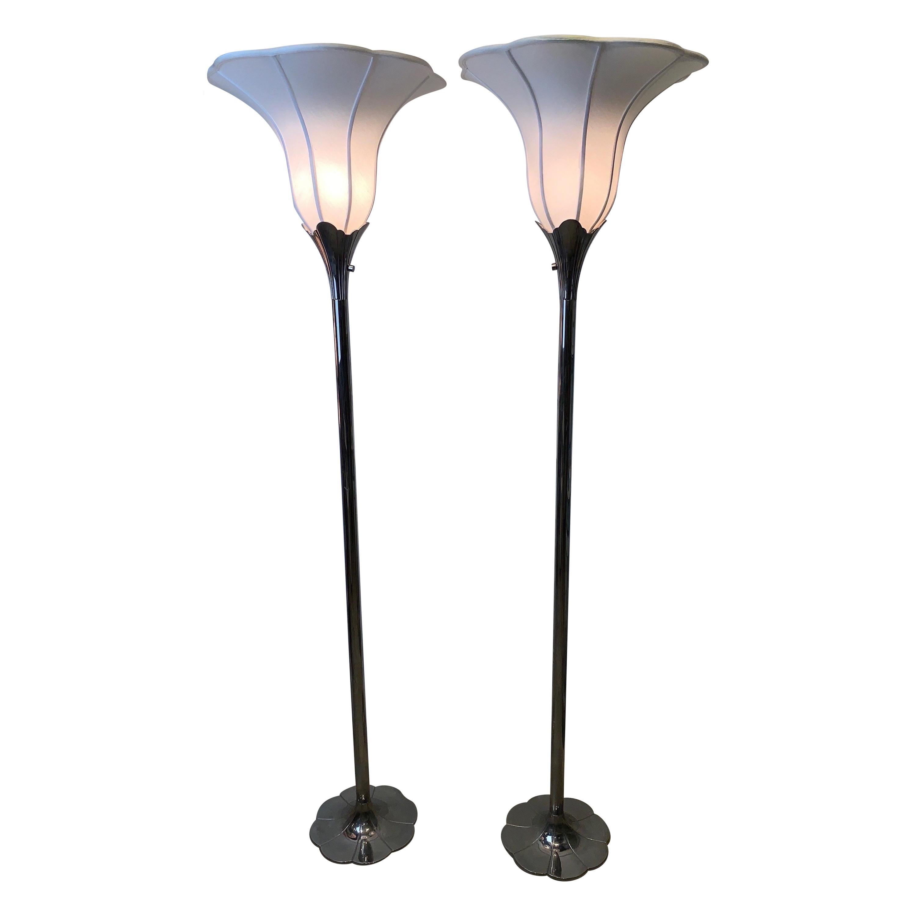 Pair of Art Deco Style Stiffel Nickel Plated Tulip / Lily Torchiere Floor Lamps