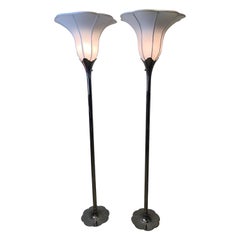 Pair of Art Deco Style Stiffel Nickel Plated Tulip / Lily Torchiere Floor Lamps