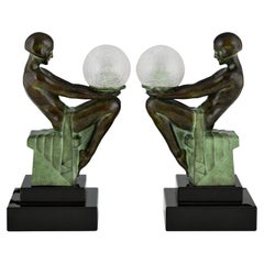 Pair of Art Deco Style Table Lamp with Seated Nudes by Max Le Verrier