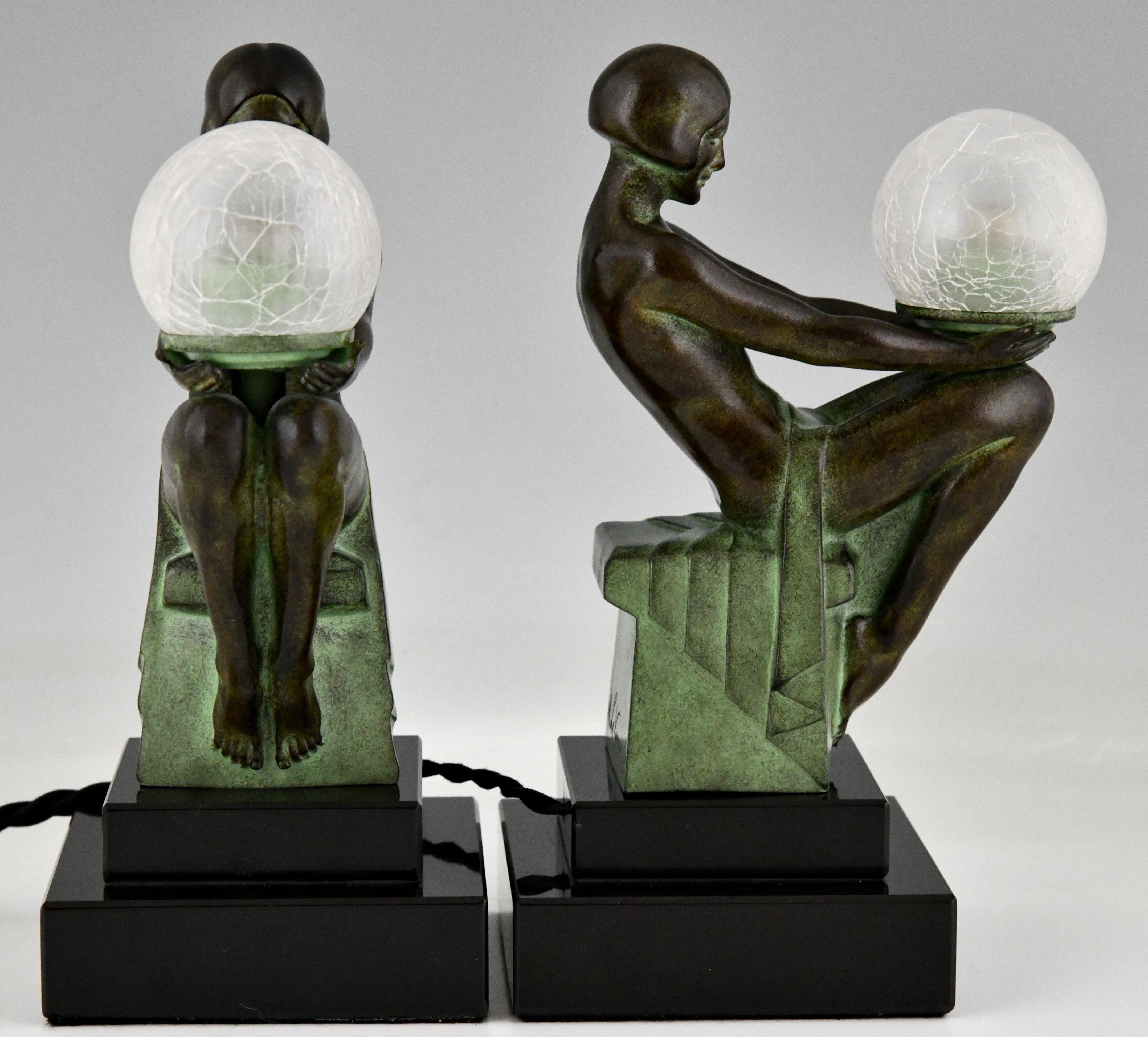 Marble Pair of Art Deco Style Table Lamp with Seated Nudes by Max Le Verrier 
