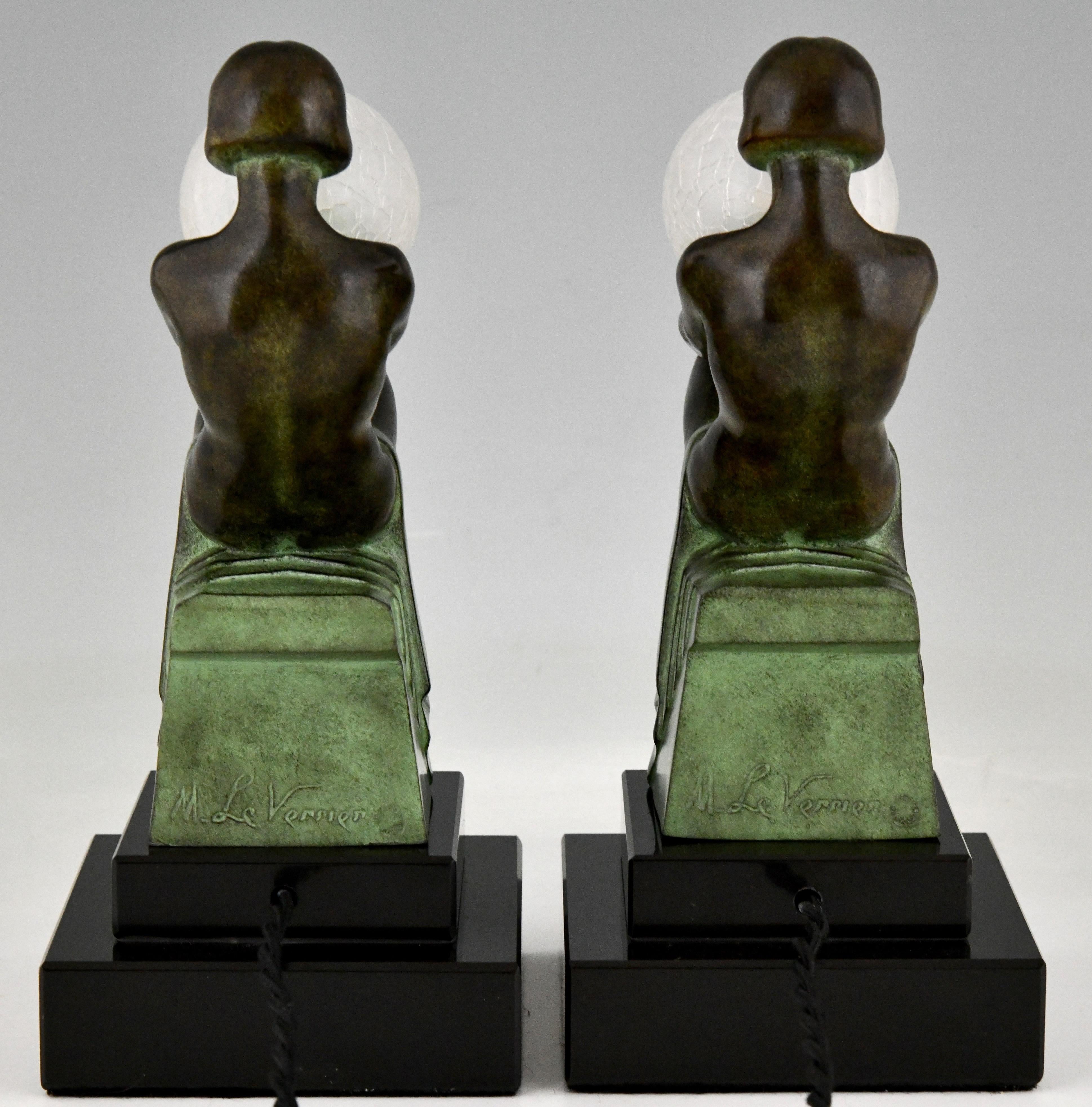 French Pair of Art Deco Style Table Lamp with Seated Nudes by Max Le Verrier 