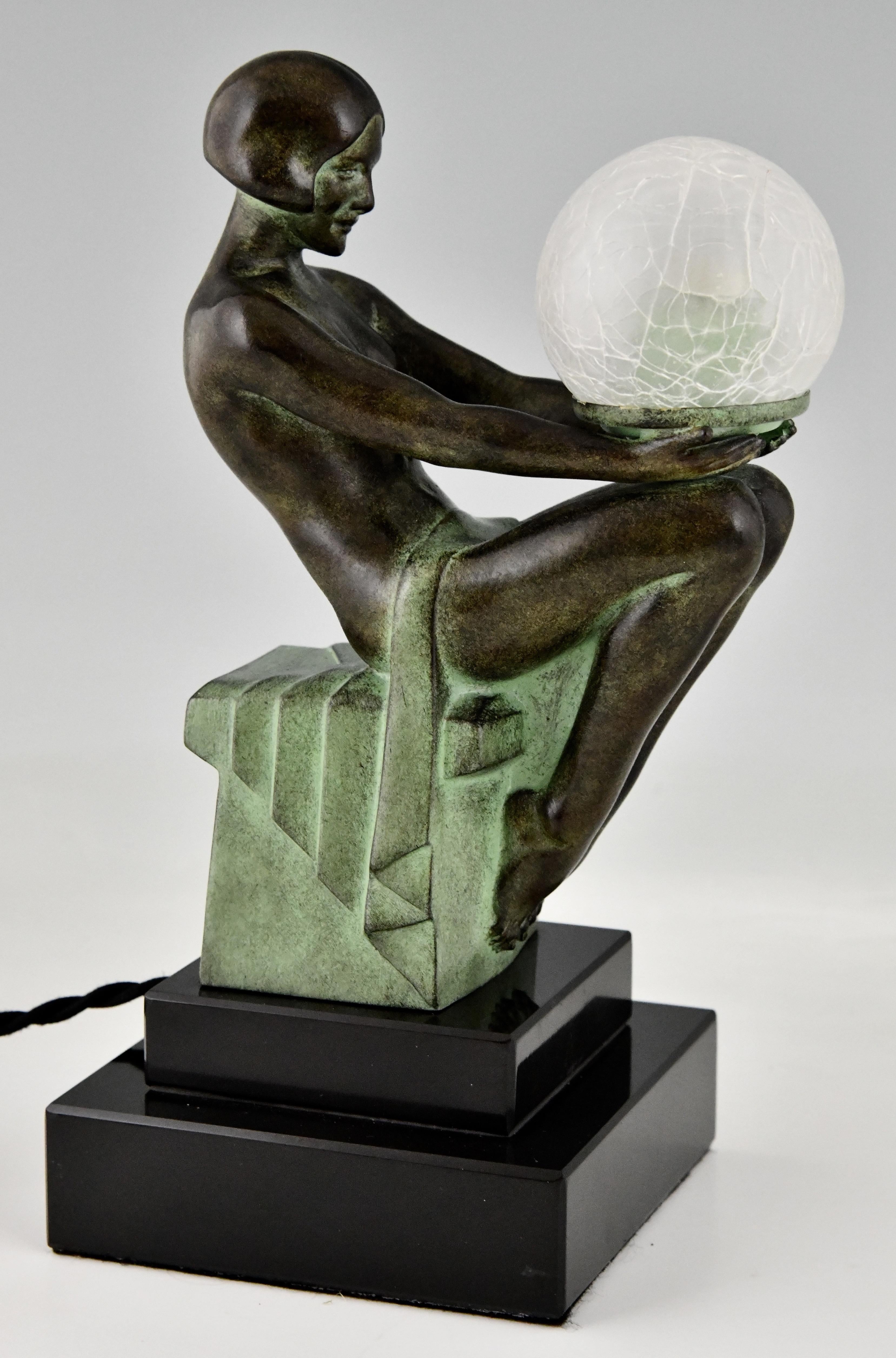 Patinated Pair of Art Deco Style Table Lamp with Seated Nudes by Max Le Verrier 
