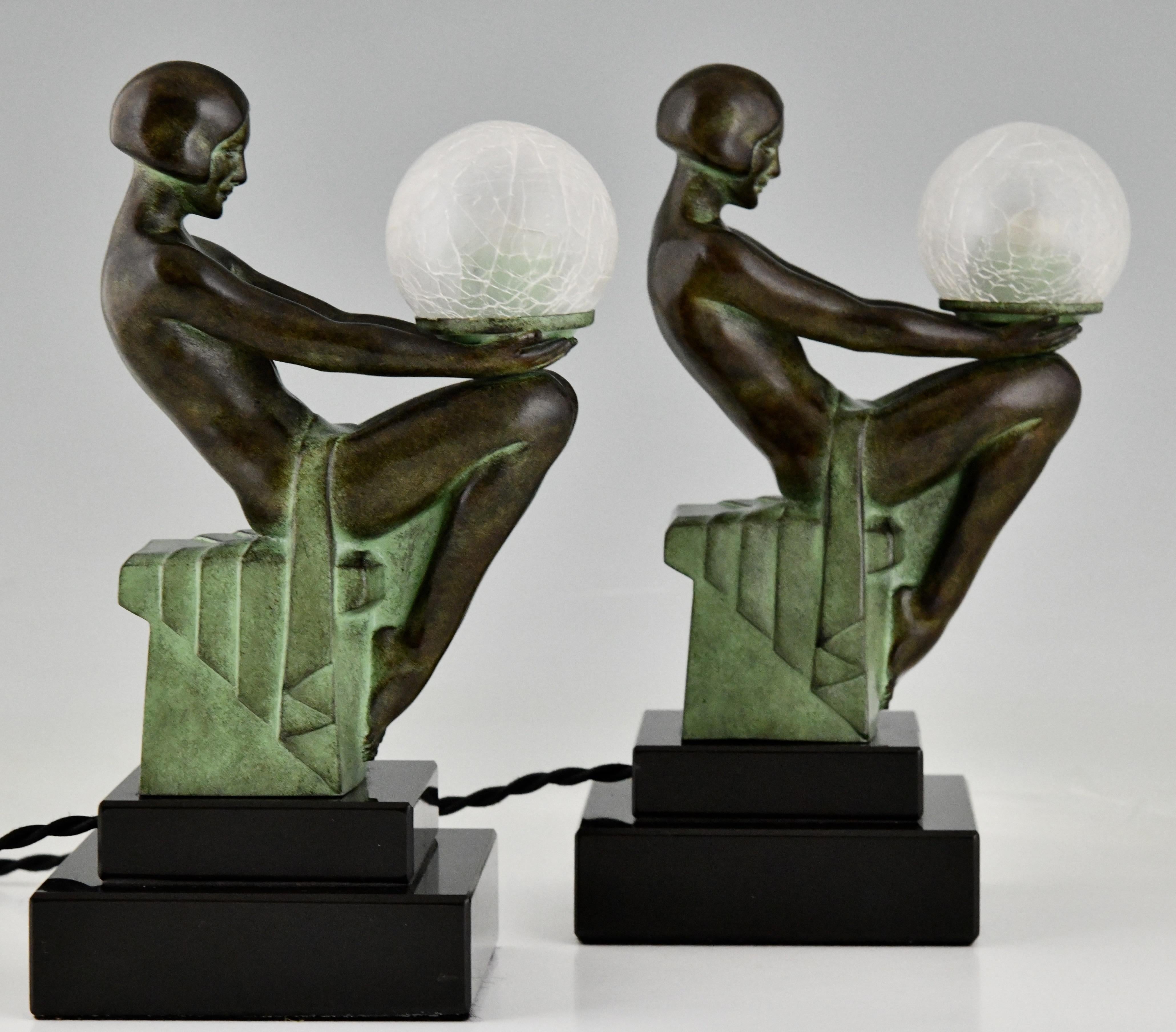 Contemporary Pair of Art Deco Style Table Lamp with Seated Nudes by Max Le Verrier 