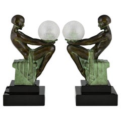 Pair of Art Deco Style Table Lamp with Seated Nudes by Max Le Verrier 