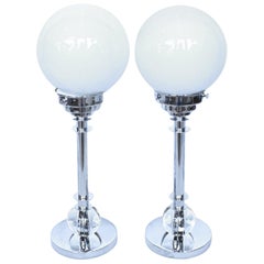 Pair of Art Deco Style Table Lamps Chromed Metal Stems White Glass Globe Shades