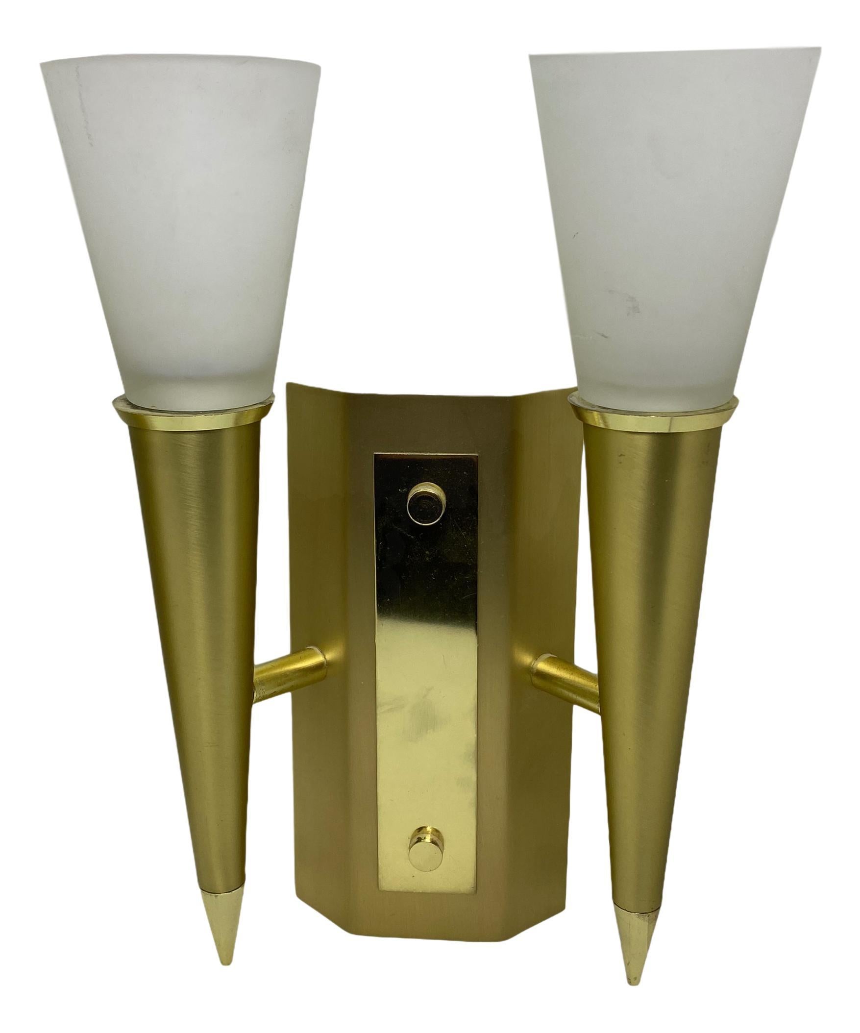 Gilt Pair of Art Deco Style Torch Wall Sconces in Brass and Satin Glass Germany 1980s For Sale