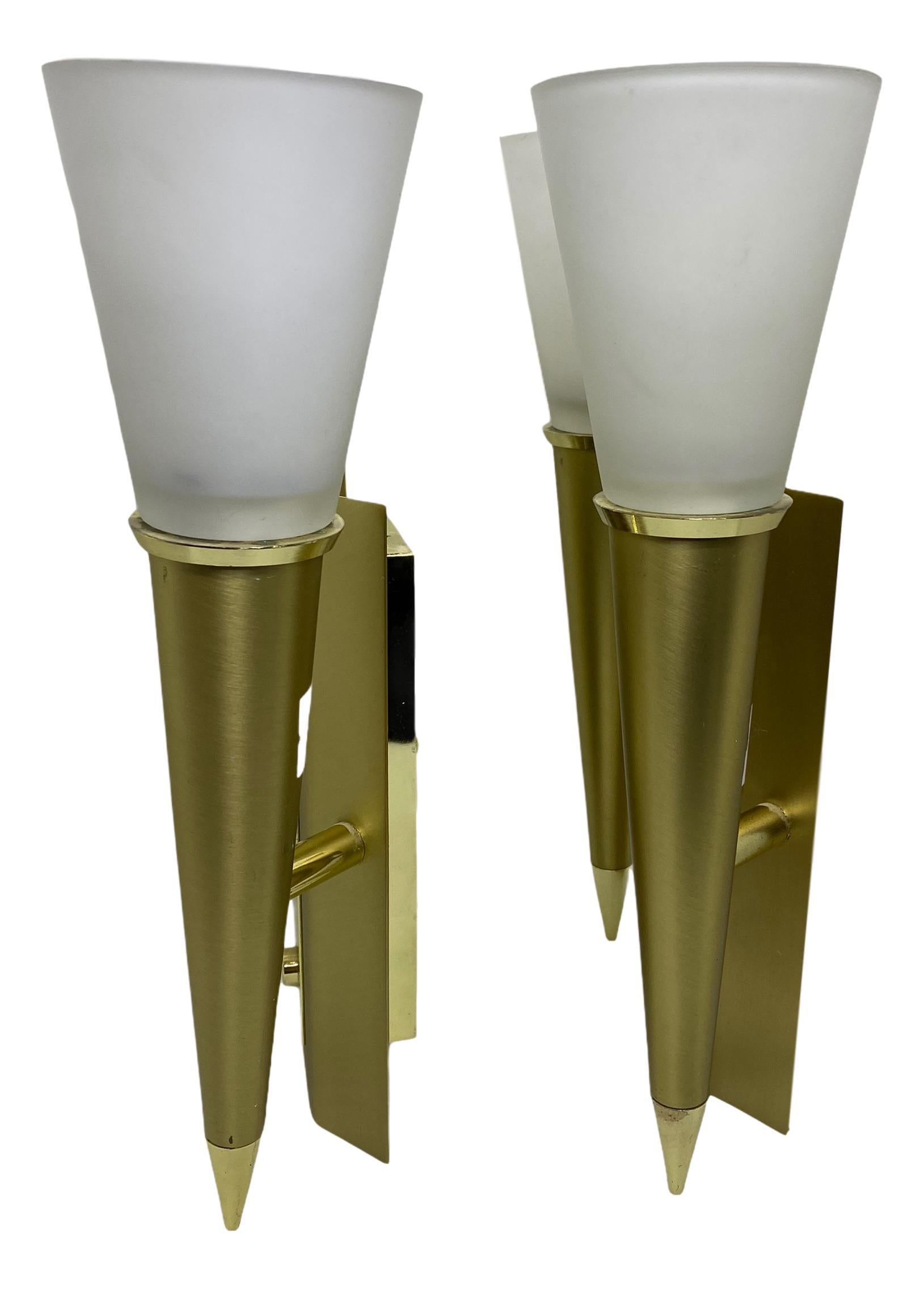 Pair of Art Deco Style Torch Wall Sconces in Brass and Satin Glass Germany 1980s In Good Condition For Sale In Nuernberg, DE