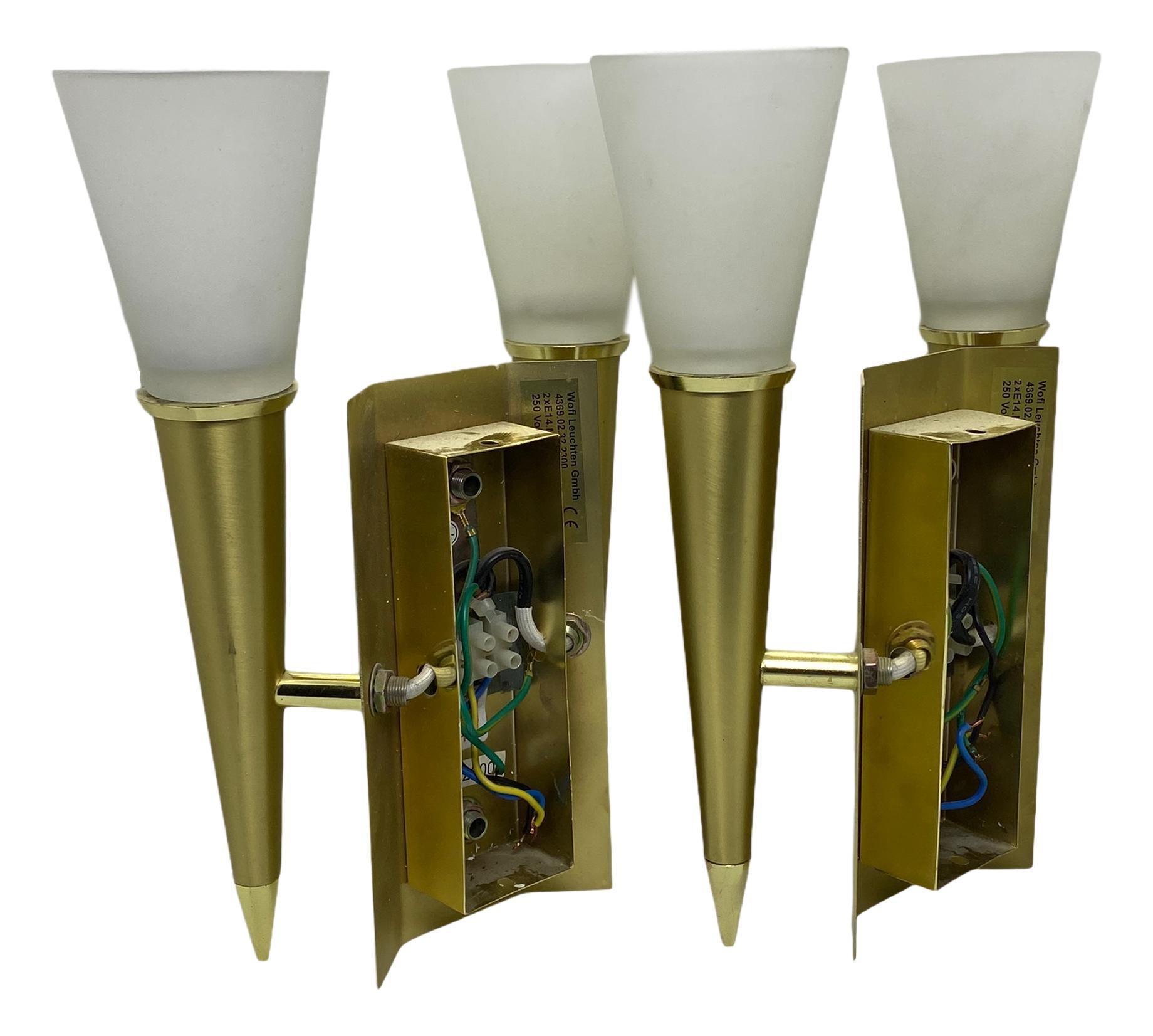 Late 20th Century Pair of Art Deco Style Torch Wall Sconces in Brass and Satin Glass Germany 1980s For Sale