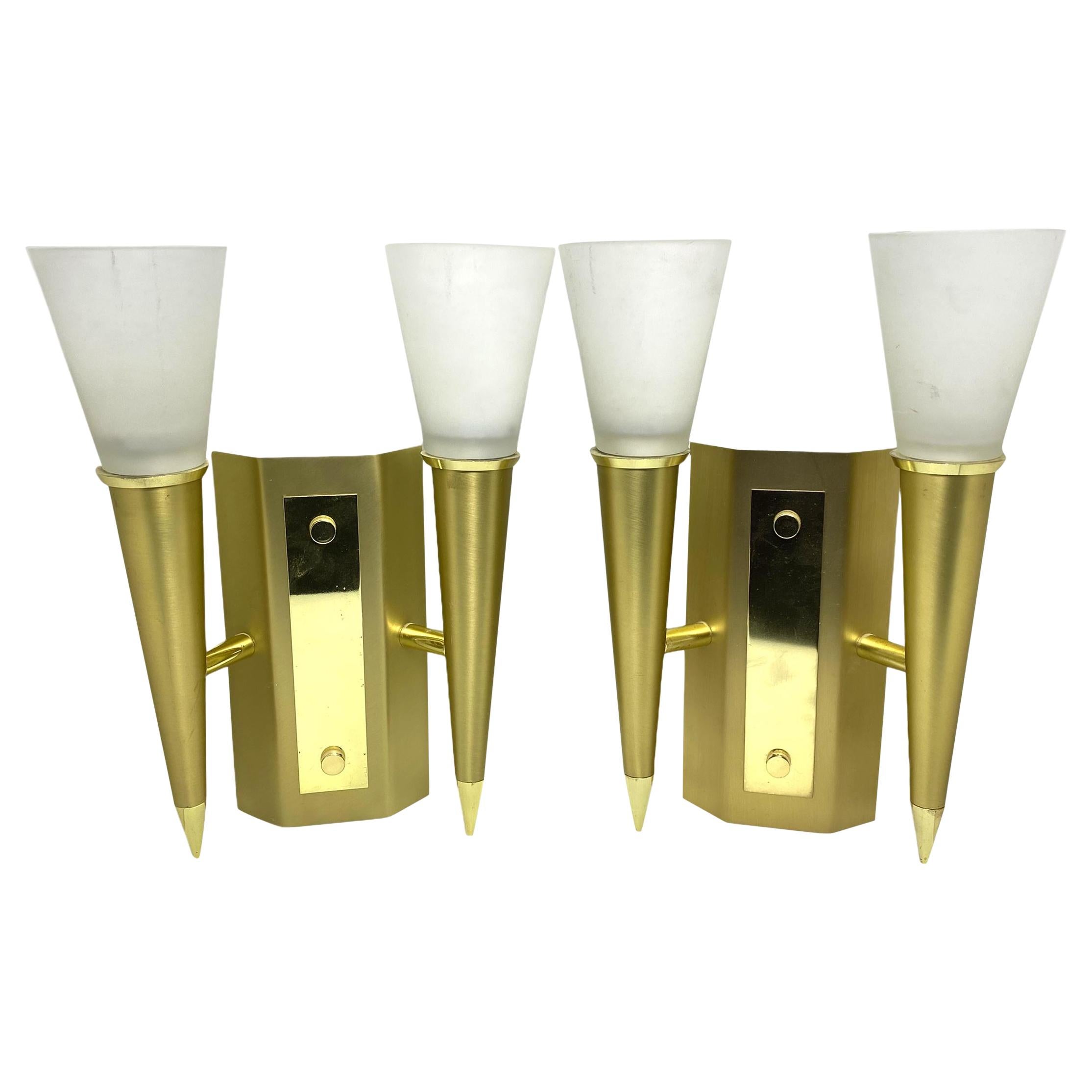 Pair of Art Deco Style Torch Wall Sconces in Brass and Satin Glass Germany 1980s