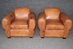 Pair of Art Deco Style Whiskey Brown Leather Moustache Club Chairs
