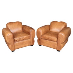 Pair of Art Deco Style Whiskey Brown Leather Moustache Club Chairs