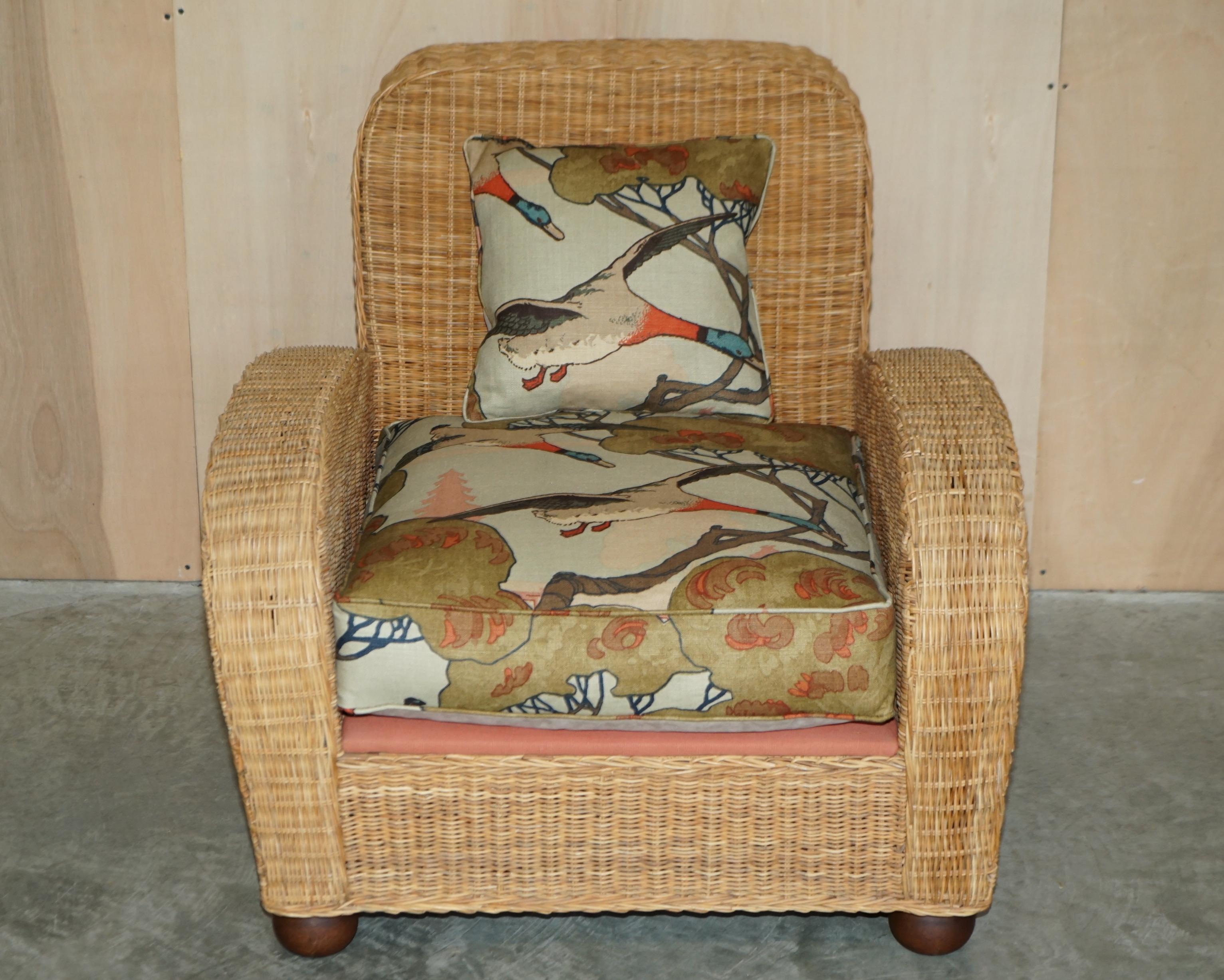 Art Deco PAIR OF ART DECO STYLE WICKER CLUB ARMCHAIRS WiTH MULBERRY FLYING DUCKS CUSHIONS For Sale
