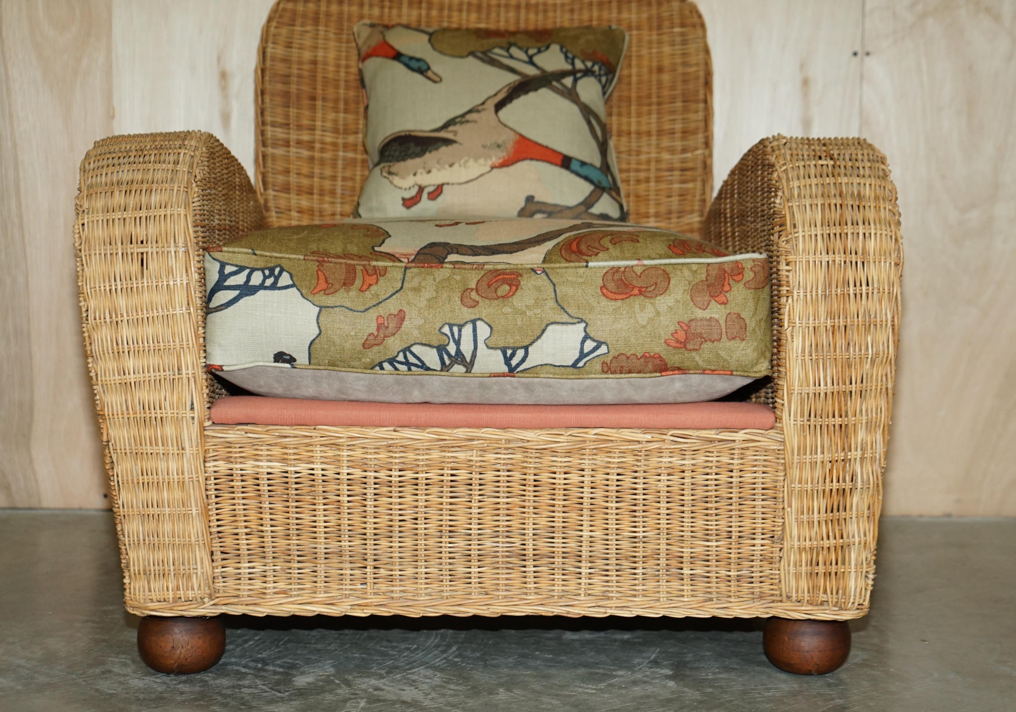 Hand-Crafted PAIR OF ART DECO STYLE WICKER CLUB ARMCHAIRS WiTH MULBERRY FLYING DUCKS CUSHIONS For Sale