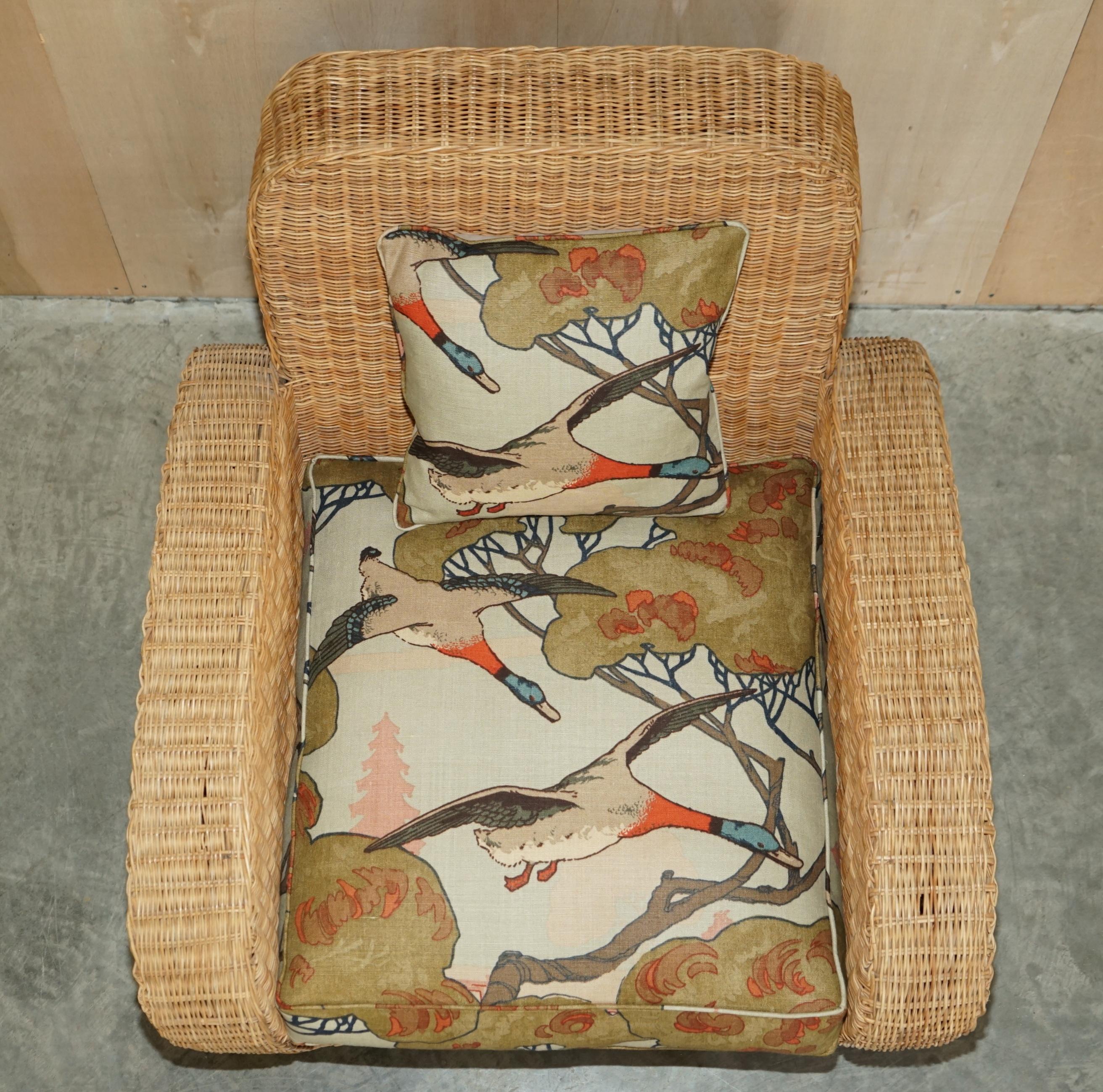 20th Century PAIR OF ART DECO STYLE WICKER CLUB ARMCHAIRS WiTH MULBERRY FLYING DUCKS CUSHIONS For Sale