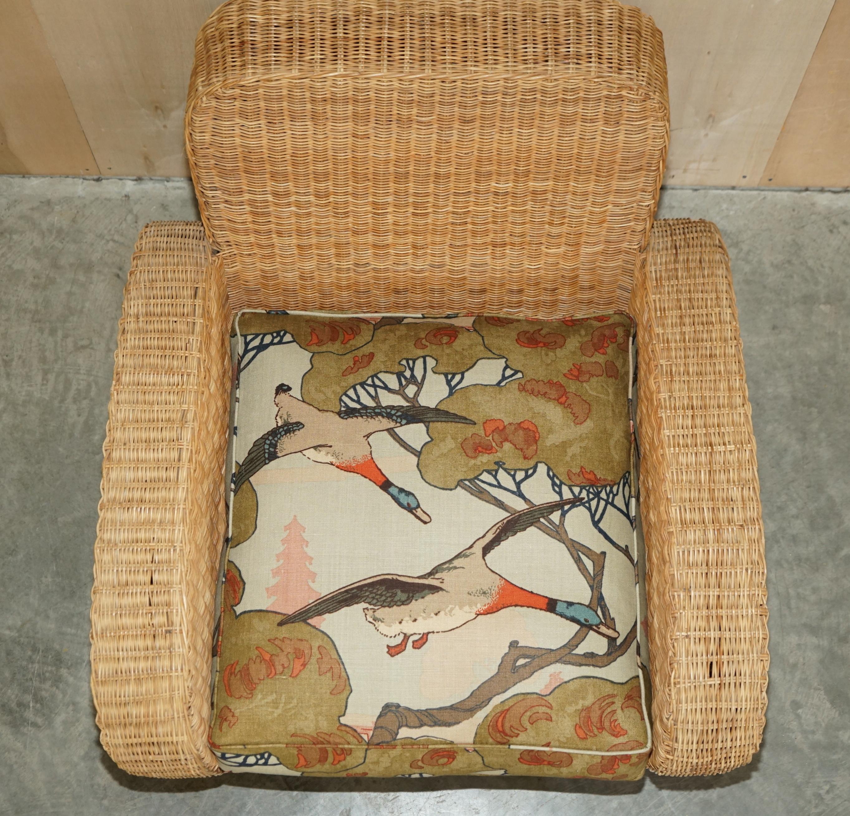 Upholstery PAIR OF ART DECO STYLE WICKER CLUB ARMCHAIRS WiTH MULBERRY FLYING DUCKS CUSHIONS For Sale