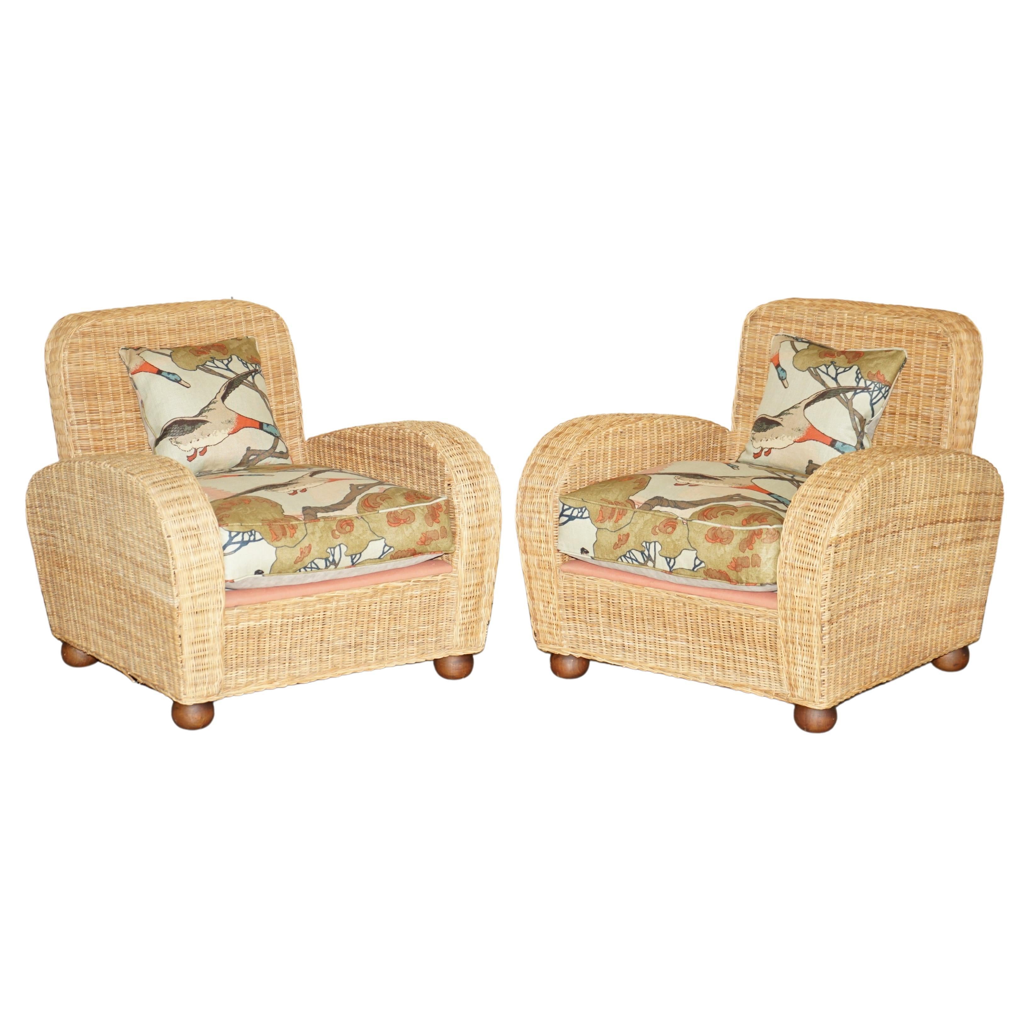 PAIR OF ART DECO STYLE WICKER CLUB ARMCHAIRS WiTH MULBERRY FLYING DUCKS CUSHIONS For Sale