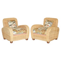 Vintage PAIR OF ART DECO STYLE WICKER CLUB ARMCHAIRS WiTH MULBERRY FLYING DUCKS CUSHIONS