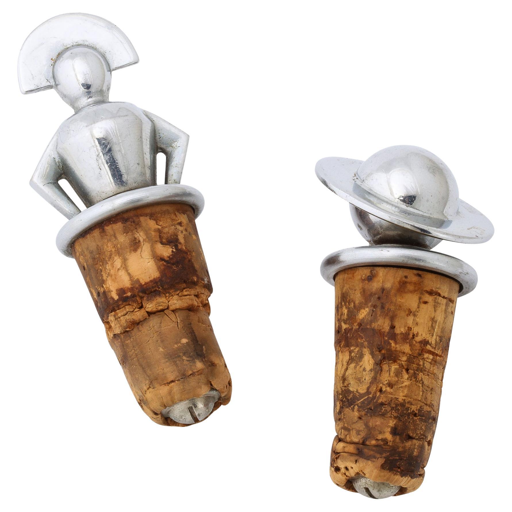 Pair of Art Deco Stylized Figure  Form Wine Stoppers in Polished Chrome For Sale