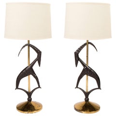 Retro Pair of Art Deco Stylized Gazelle Metal and Brass Table Lamps by Rembrandt