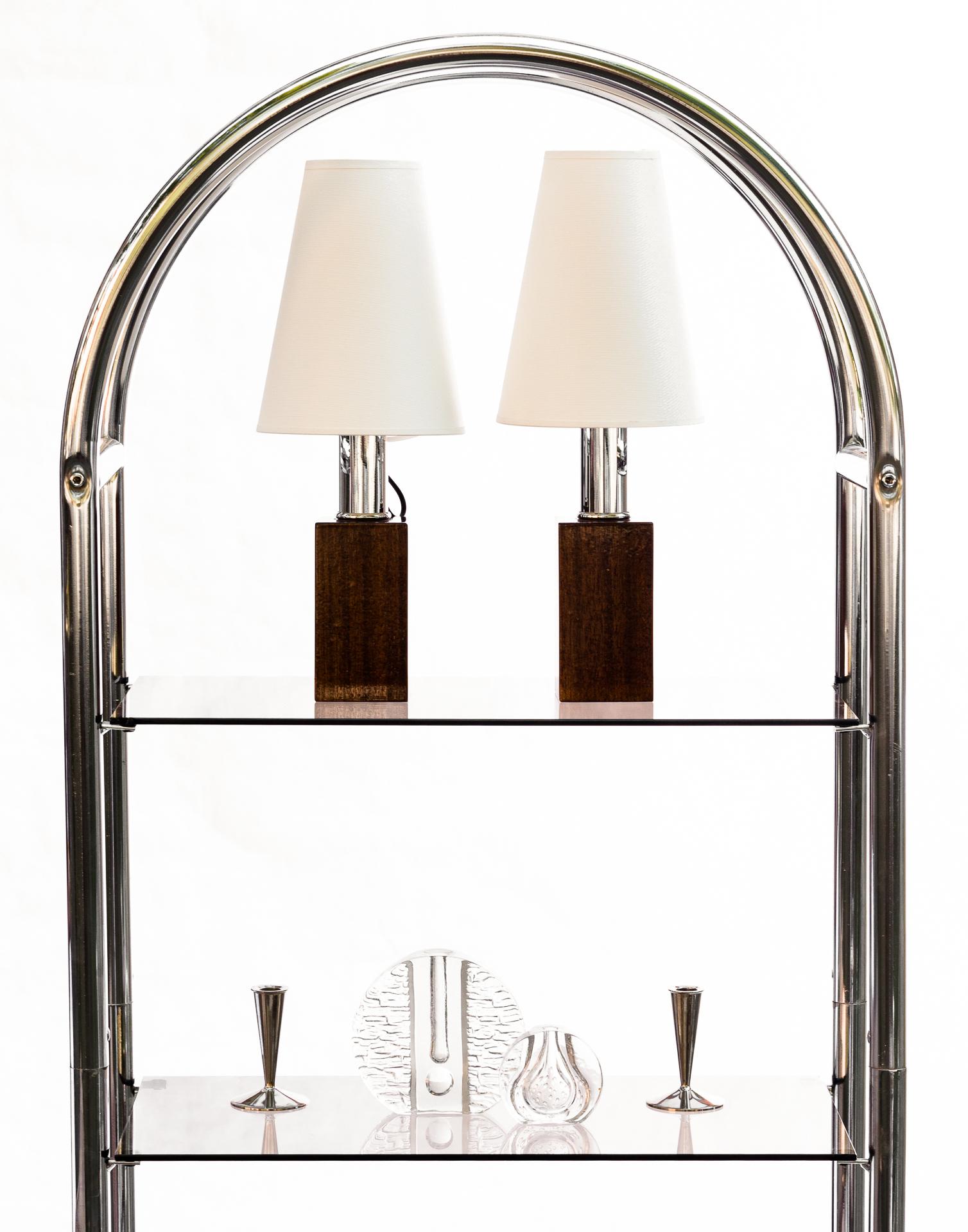European Pair of Art Deco Table Chrome Lamps, Wood, Veneered Bases For Sale
