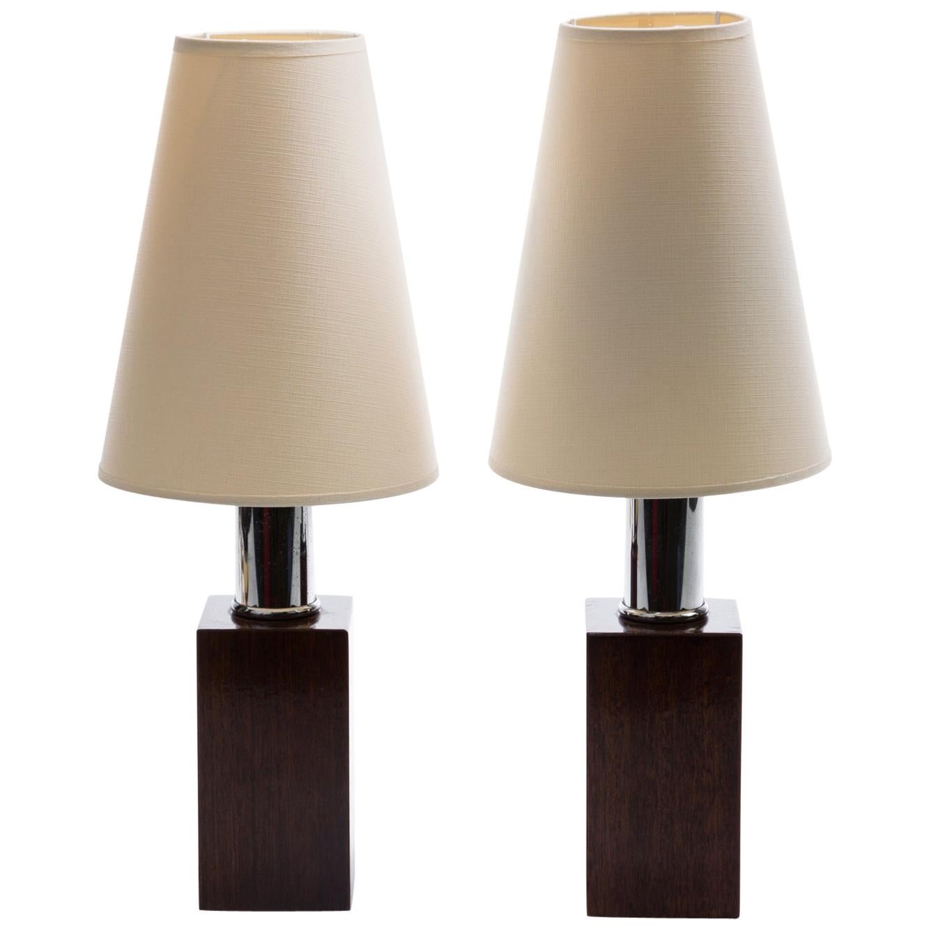 Pair of Art Deco Table Chrome Lamps, Wood, Veneered Bases For Sale