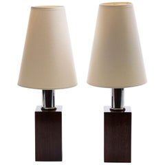 Pair of Art Deco Table Chrome Lamps, Wood, Veneered Bases