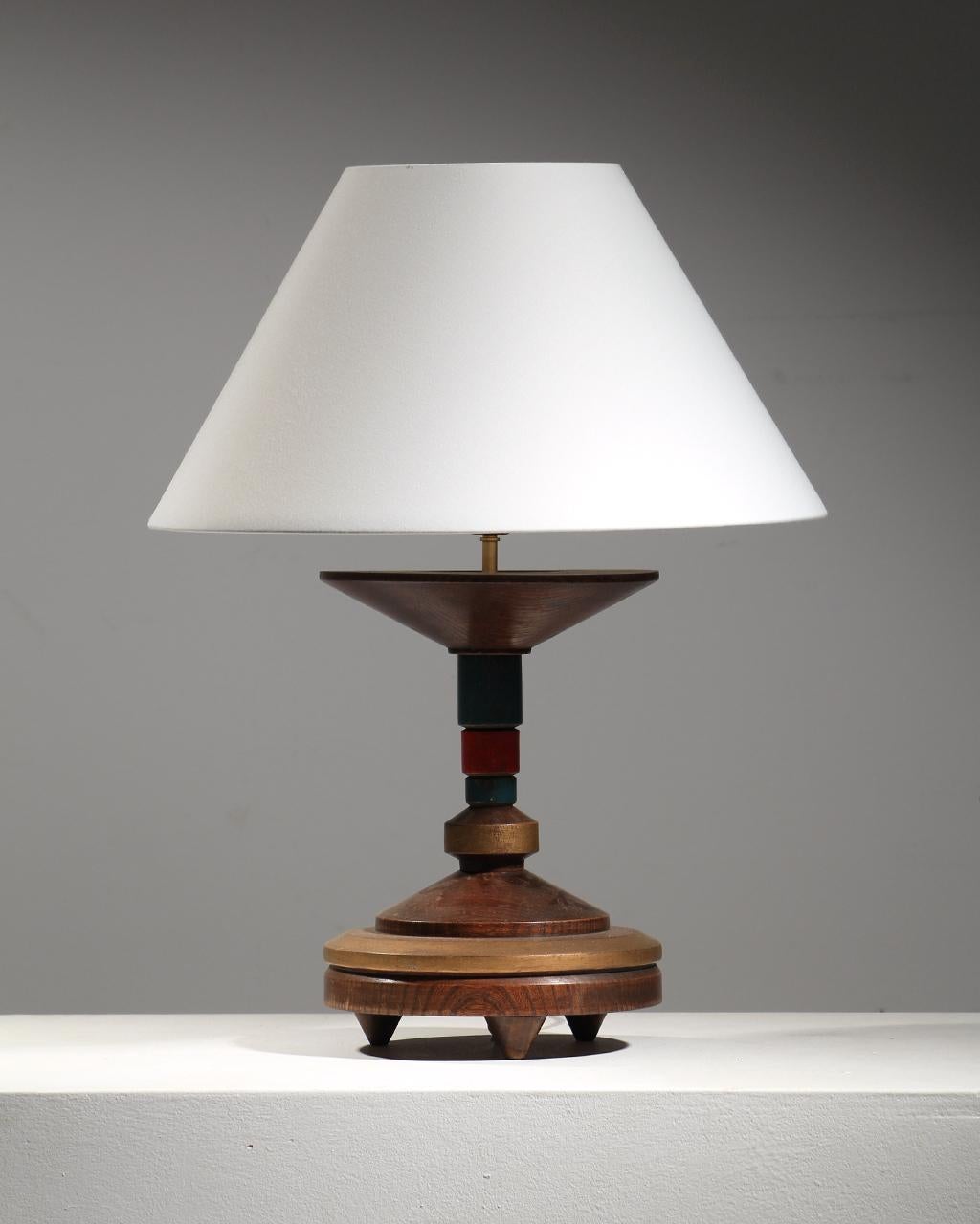 Pair of old lamp bases – originally candlesticks mounted as lamps.
From Belgium, modernist work from the 1930s.
Ideal for bedside or furniture or fireplace decoration
Varnished oak and highlighted with green, red and bronze paint.
Beautiful patina –