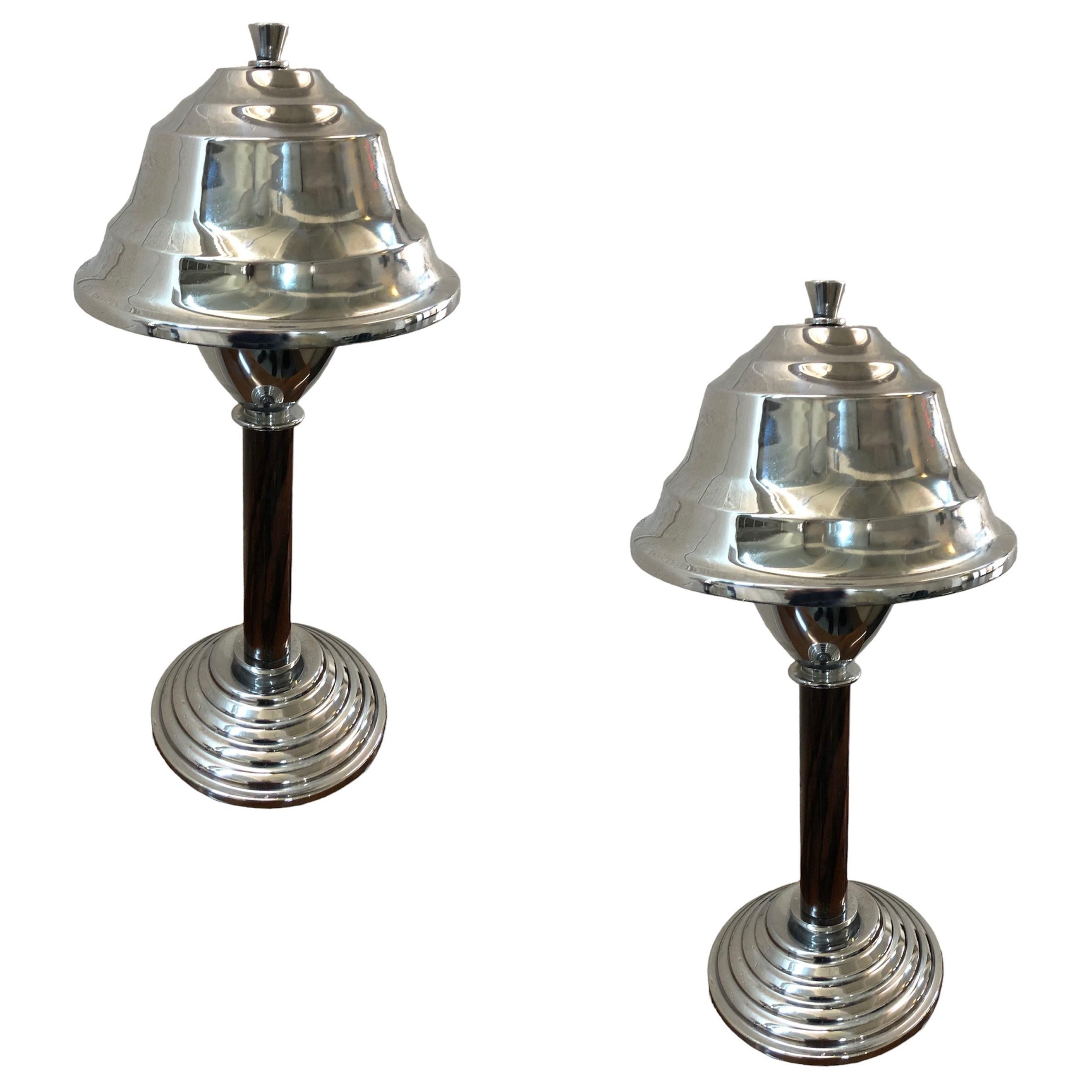 Coppia di lampade da tavolo Art Déco in legno e cromo, 1920