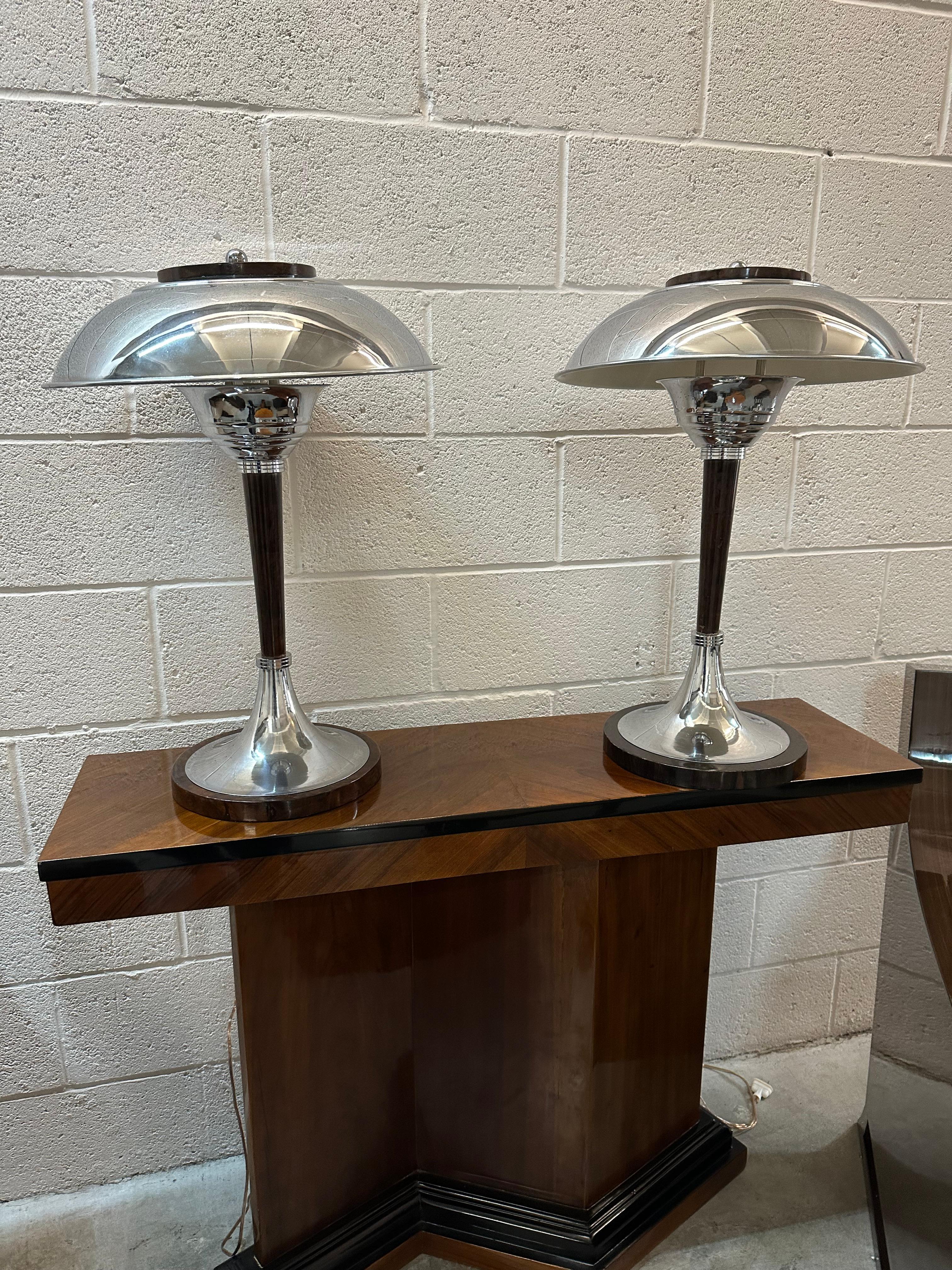 Pair of Art Deco Table Lamp in wood and chrome, 1920, France For Sale 7
