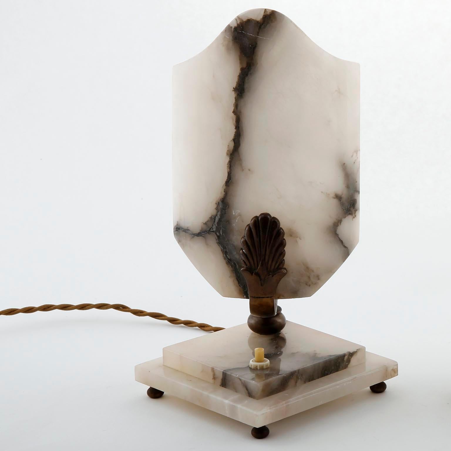 French Pair of Art Deco Table Lamps, Alabaster Bronze, 1930s