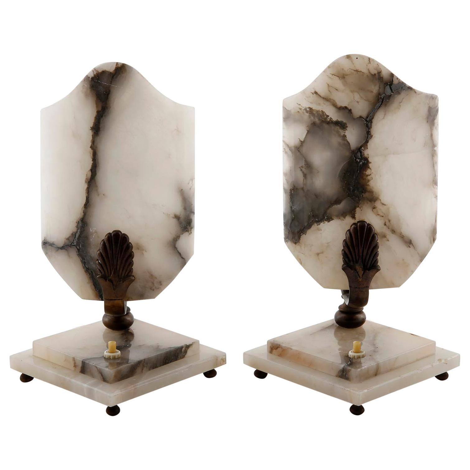 Pair of Art Deco Table Lamps, Alabaster Bronze, 1930s