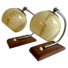 Pair of Art Deco Table Lamps, Bauhaus Lights, Wood Glass, 1930s