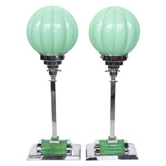Pair of Art Deco Style Table Lamps Chromed Metal Frosted Green Glass 