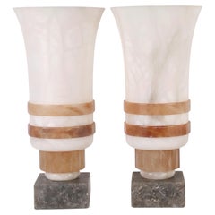 Pair of Art Deco Table Lamps, Hand-Carved Alabaster, France, 1980