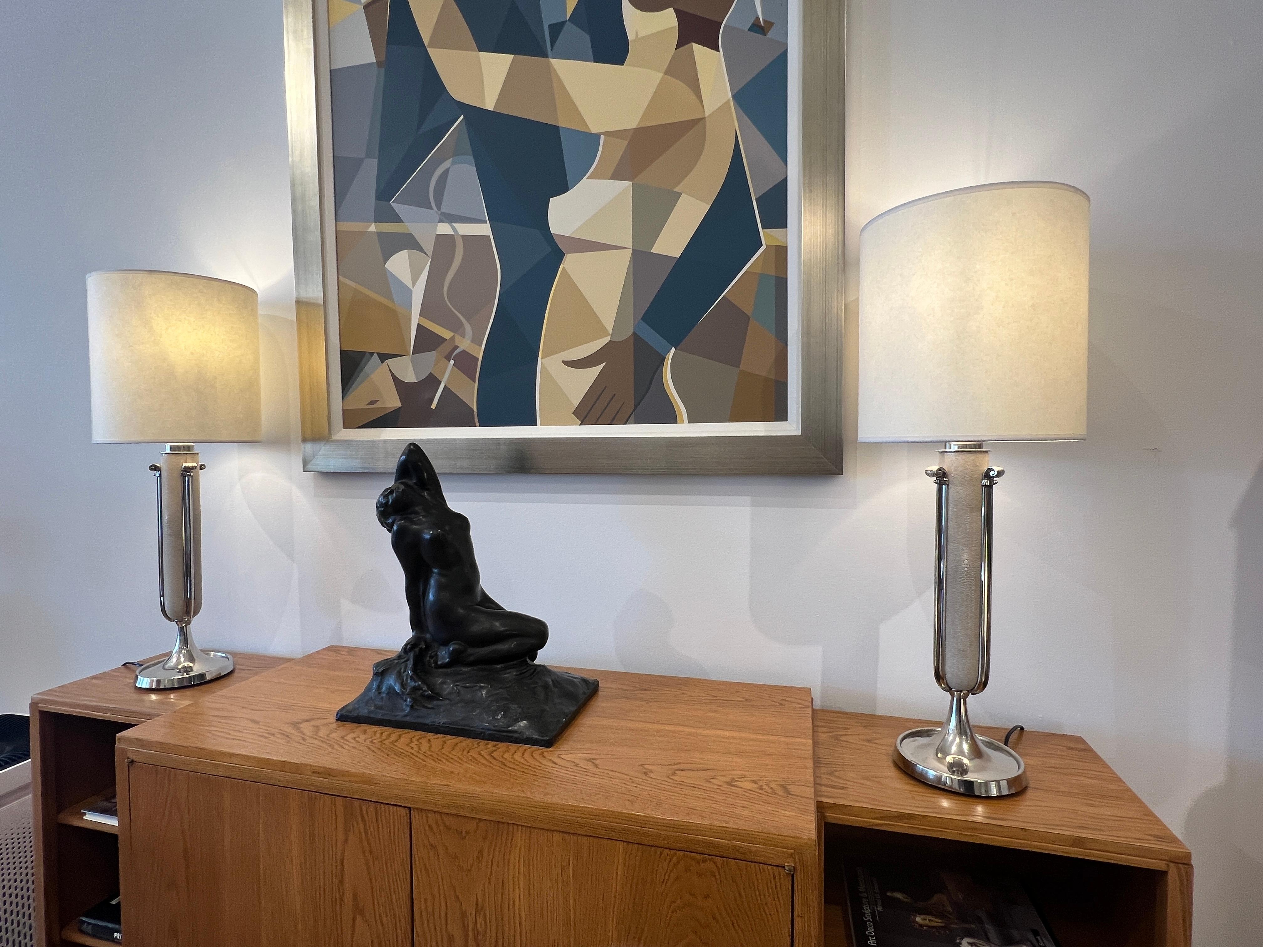 Shagreen Pair of Art Deco Table Lamps in Galuchat by Galey Freres For Sale