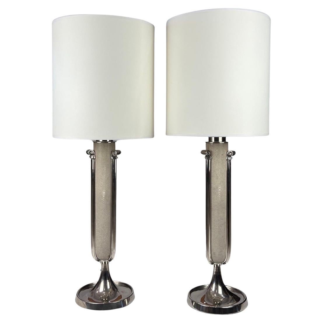 Pair of Art Deco Table Lamps in Galuchat by Galey Freres For Sale