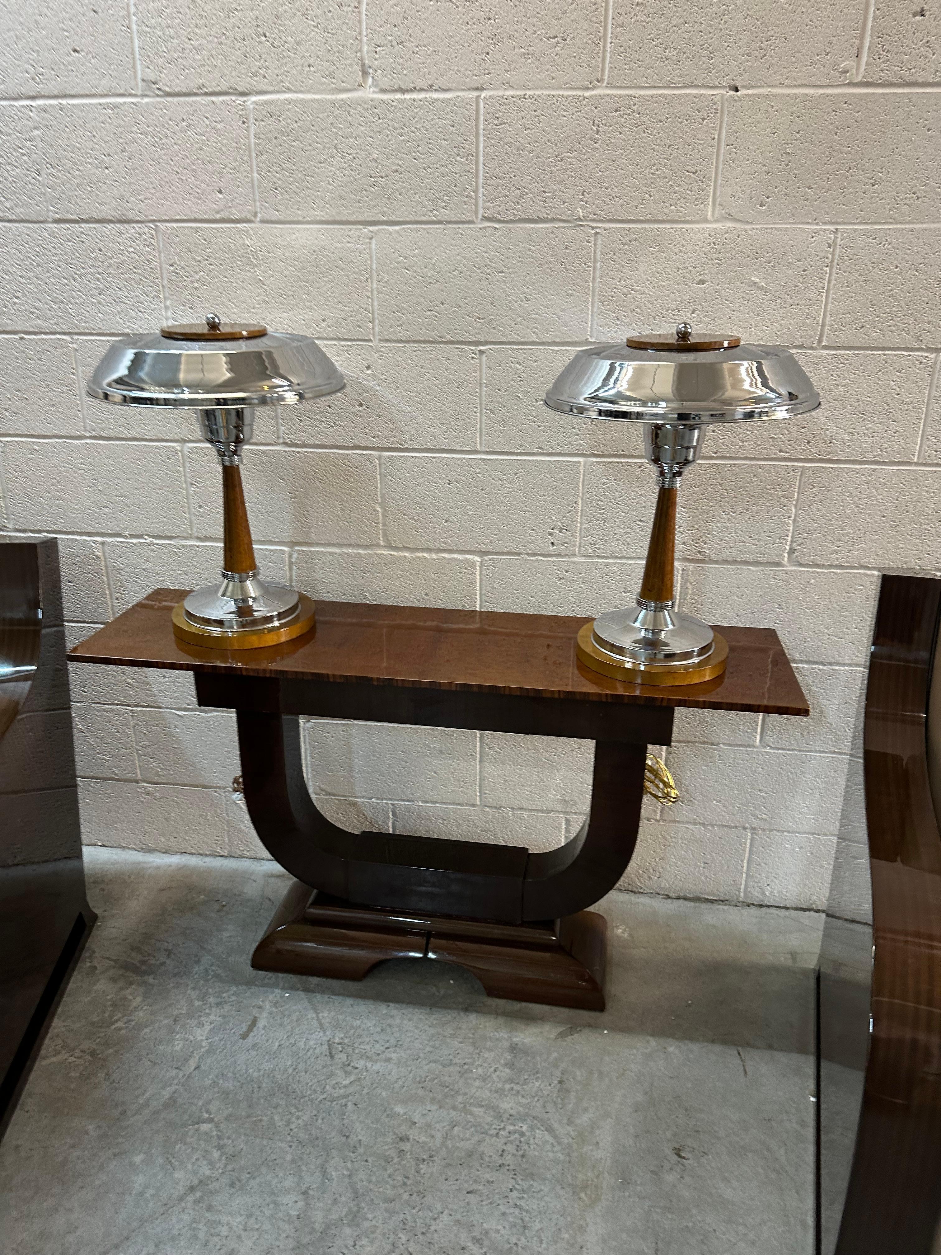 Paire de lampes de bureau Art Déco en bois et chrome, 1920, France en vente 6
