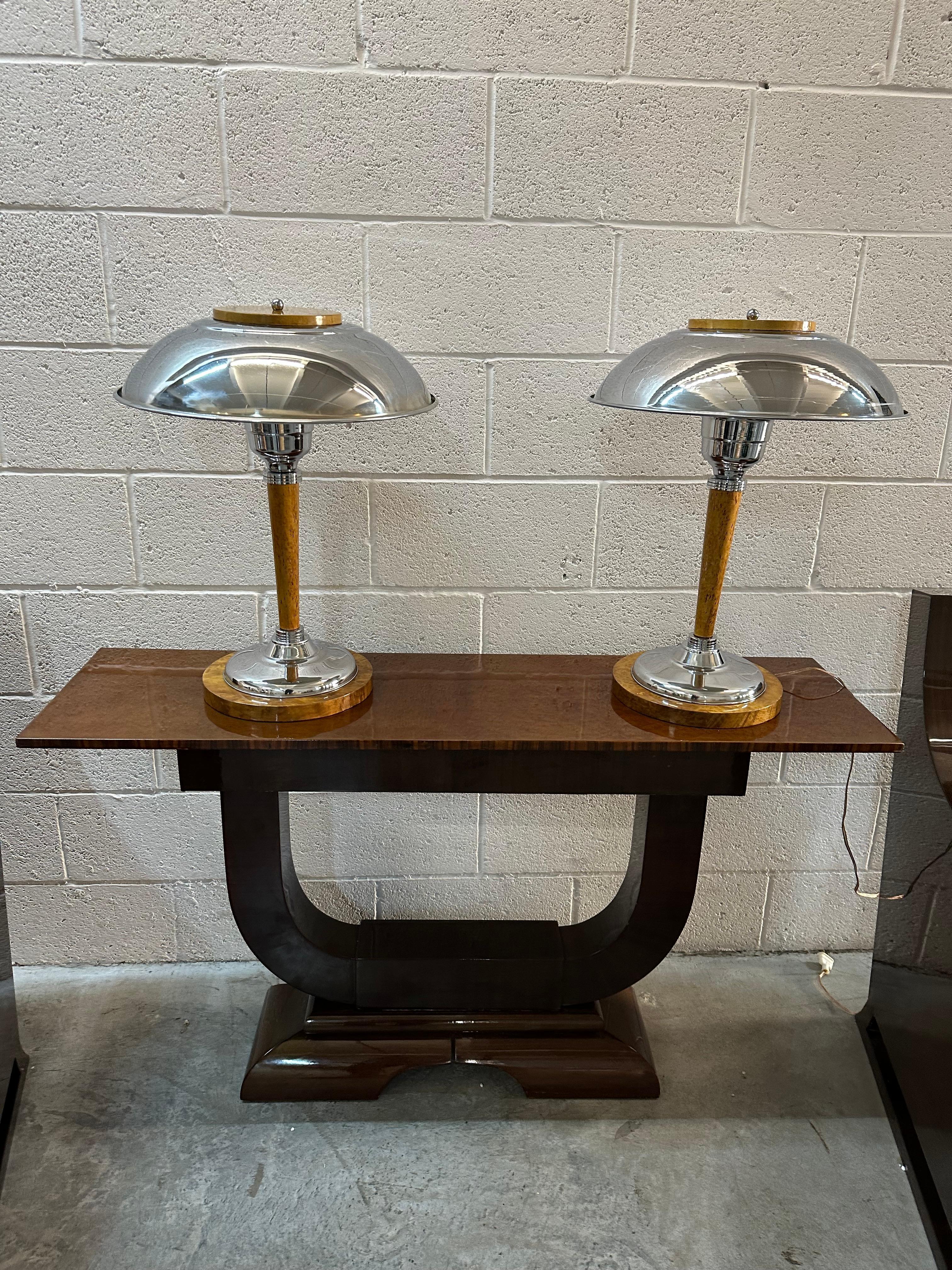 Pair of Art Deco Table Lamps in wood and chrome, 1920, France For Sale 6